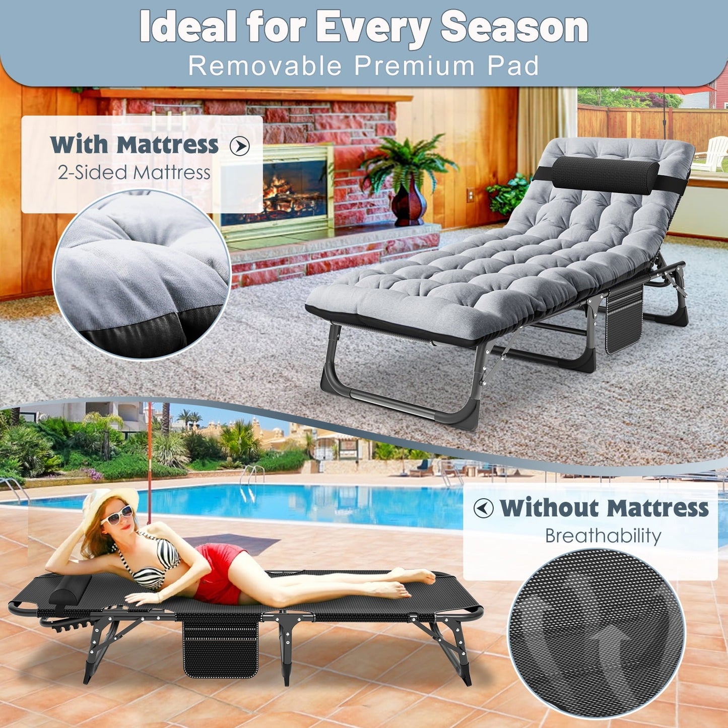 NAIZEA Portable Folding Camping Cot, 4-Position Adjustable Camping Cot Bed, Heavy Duty Sleeping Bed, Outdoor Folding Lounge Chair with Mattress