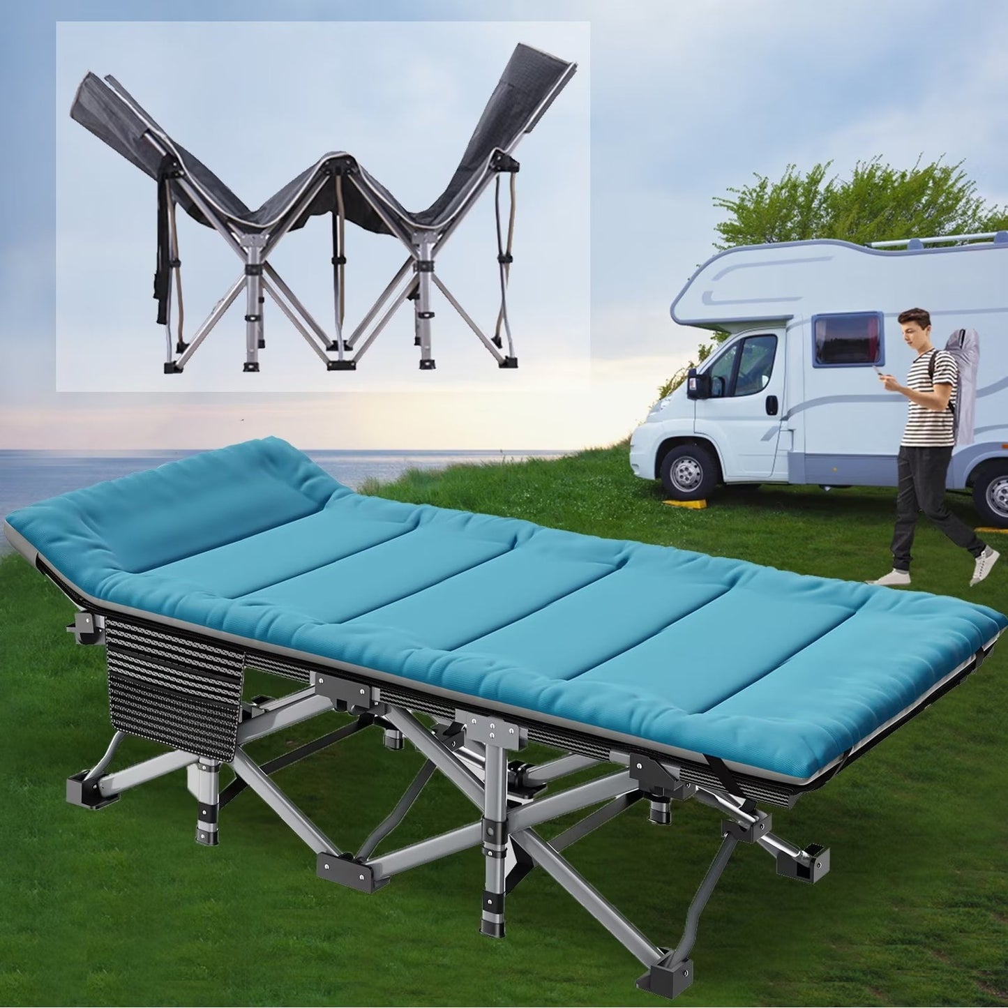 Lilypelle Folding Camping Cot with Thick Mattress, Double Layer Oxford Strong Heavy Duty Sleeping Cots with Carry Bag, Portable Travel Camp Cots for Home/Office Nap and Beach Vacation