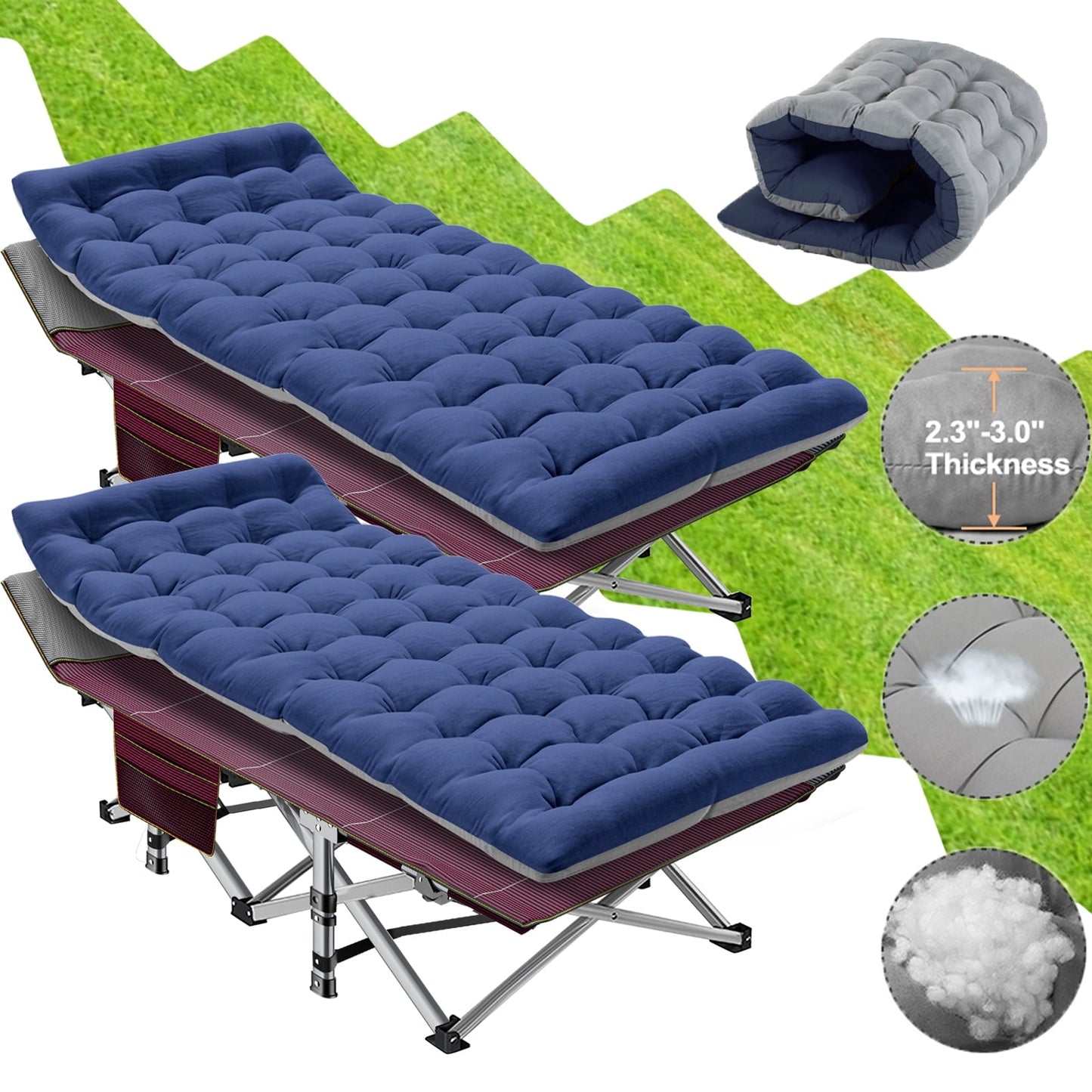 Lilypelle 75' Folding Camping Cots,Adult Double Sided Double Color Cot Oxford Strong Heavy Duty Wide Sleeping Bed for Camp Office Use (2 Pack)