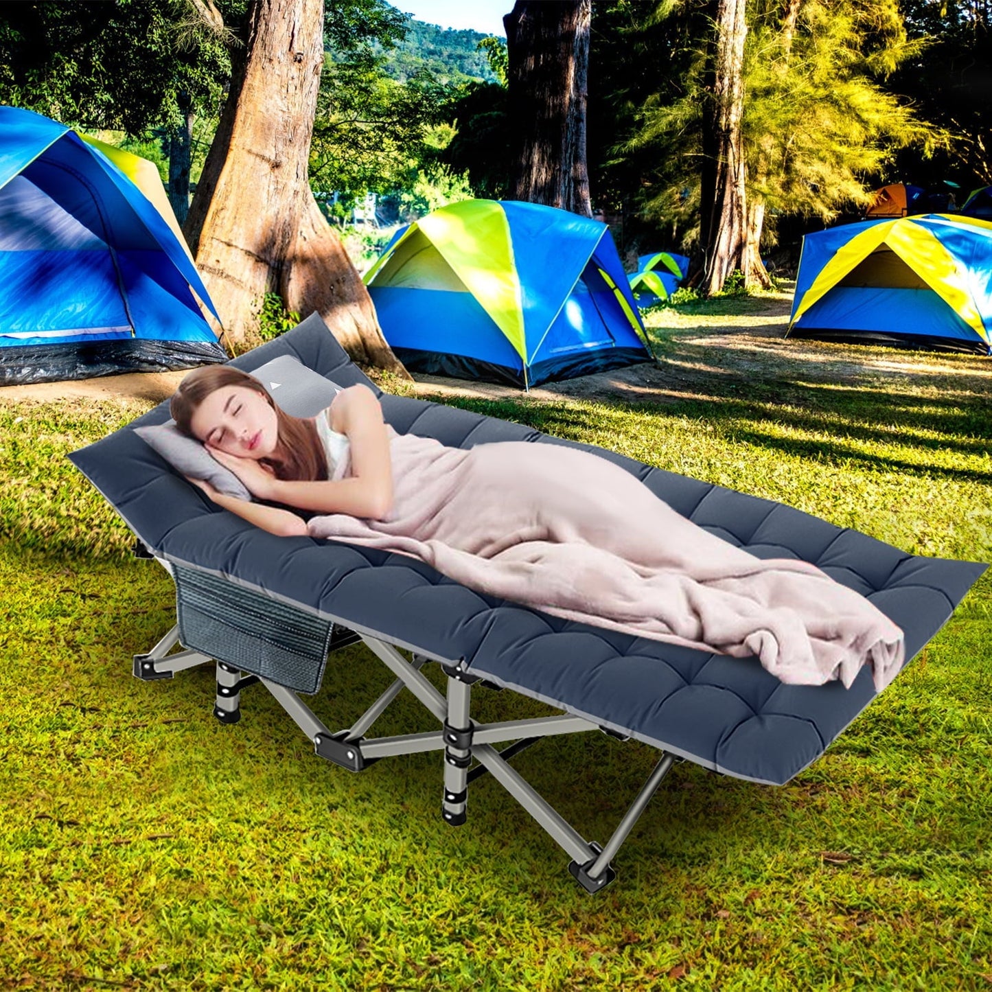 Lilypelle folding cot with mattress,Heavy Duty Sleeping Cots with Carry Bag,Double Layer Oxford Portable Folding Camping Cot for Home ,Office Nap and Outdoor Beach£¬Blue&Blue