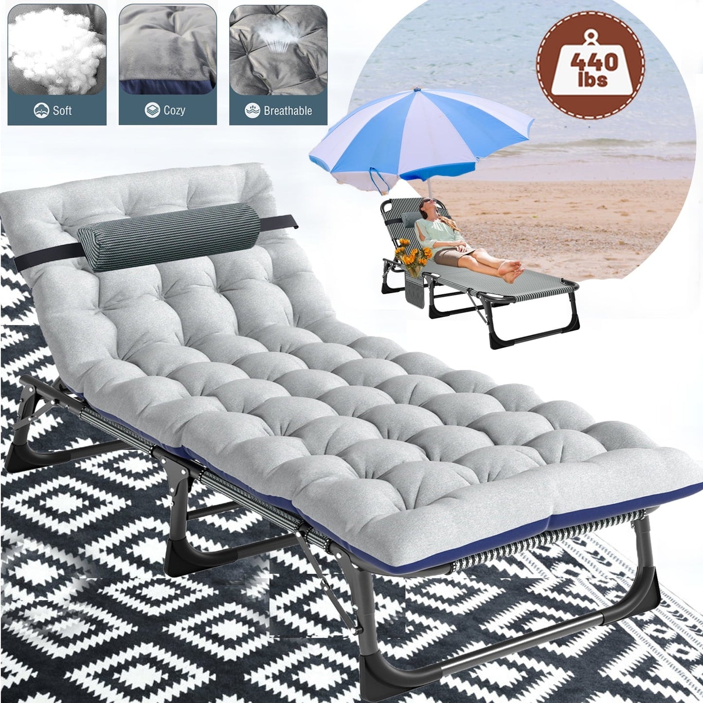 Lilypelle folding cot with mattress,Heavy Duty Sleeping Cots with Carry Bag,Double Layer Oxford Portable Folding Camping Cot for Home ,Office Nap and Outdoor Beach£¬Gray