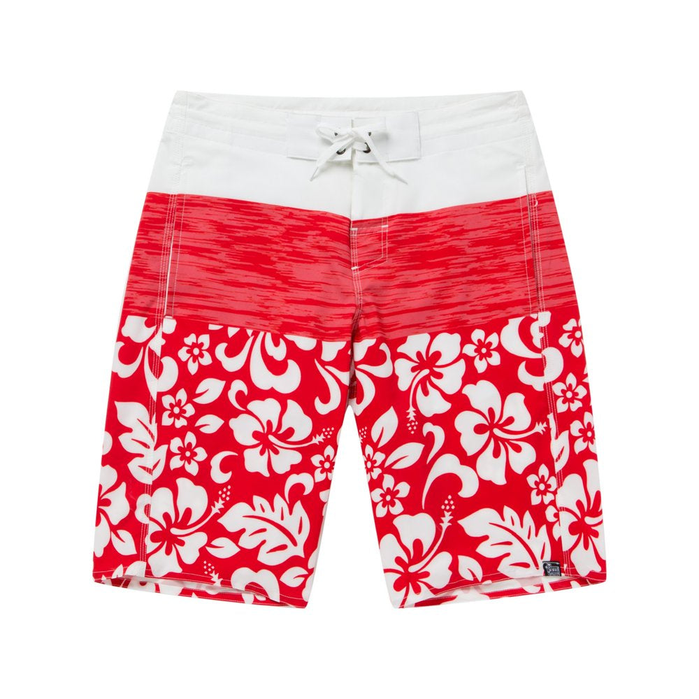 Men'S Spandex Hawaiian Beach Board Shorts with Zipped Pocket in Classic Hibiscus Print in Blue 38
