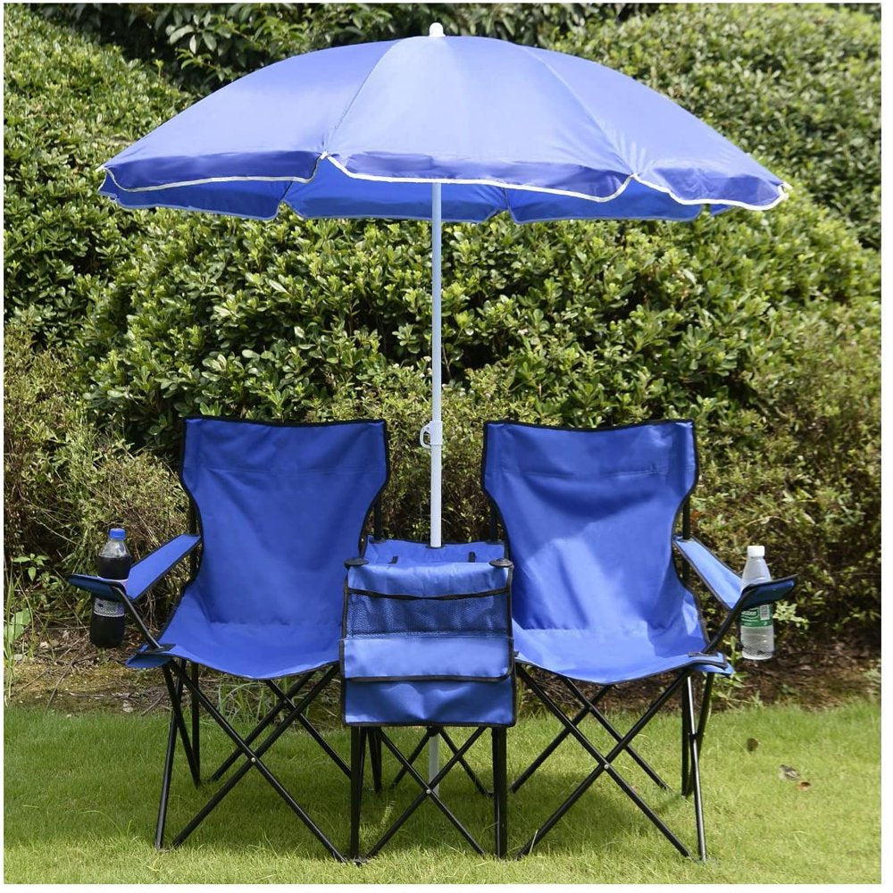 Double Folding Chair, Portable Camping Chair with Removable Umbrella, Table Cooler Bag, Carrying Bag, Fold up Steel Seat for Patio Beach Lawn Picnic Fishing Picnic Garden, Blue, W10662
