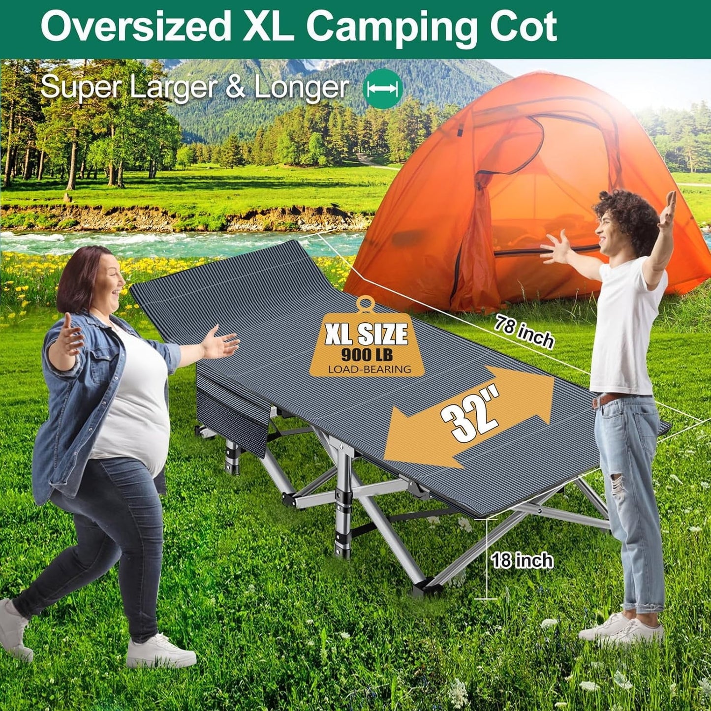Slsy 2 Pack Oversized XXL Folding Bed Cot with 3.3 Inch 2 Sided Mattress, 32'' Wide 900lb Loading Double-Layer 1200D Folding Camping Cots with Carry Bag, Portable Sleeping Cot Guest Bed