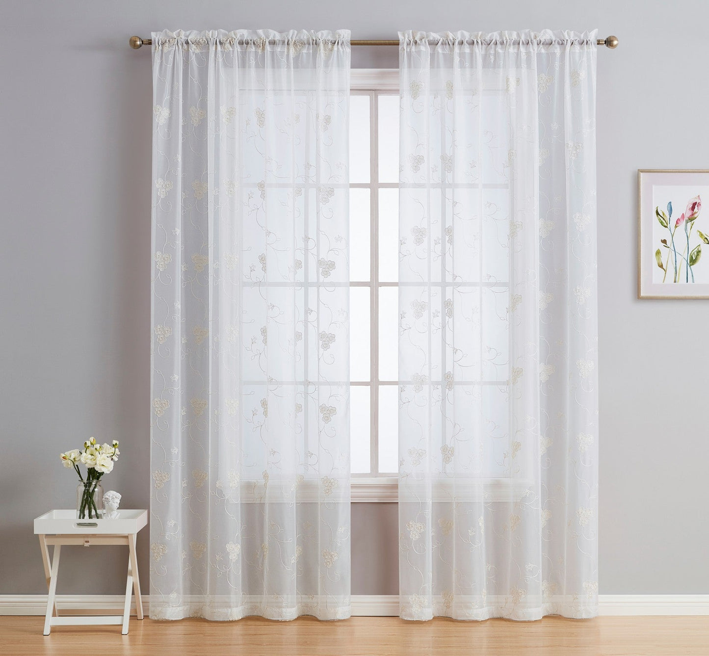 Allegra Floral Embroidered Rod Pocket Sheer Curtain Panels