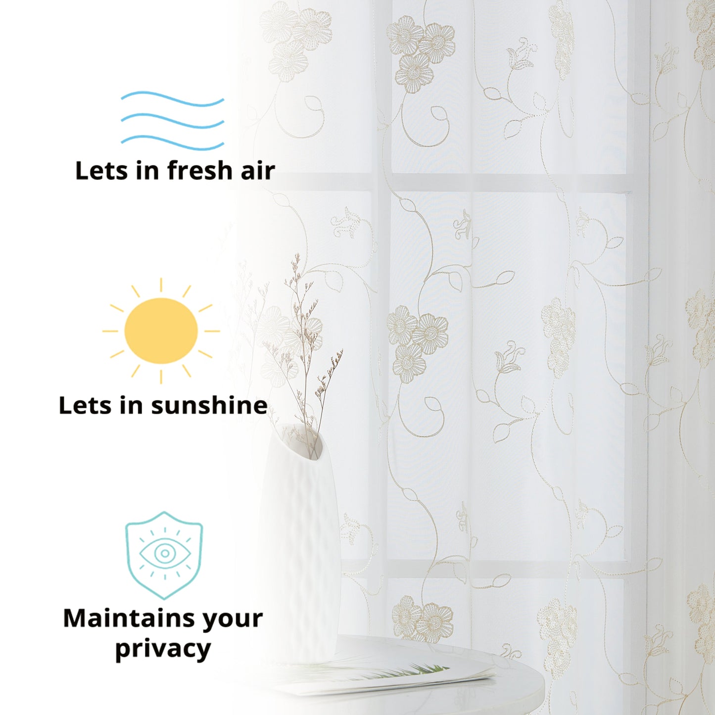 Allegra Floral Embroidered Rod Pocket Sheer Curtain Panels