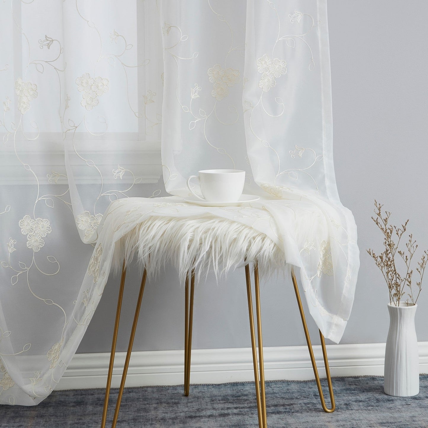 Allegra Floral Embroidered Rod Pocket Sheer Curtain Panels