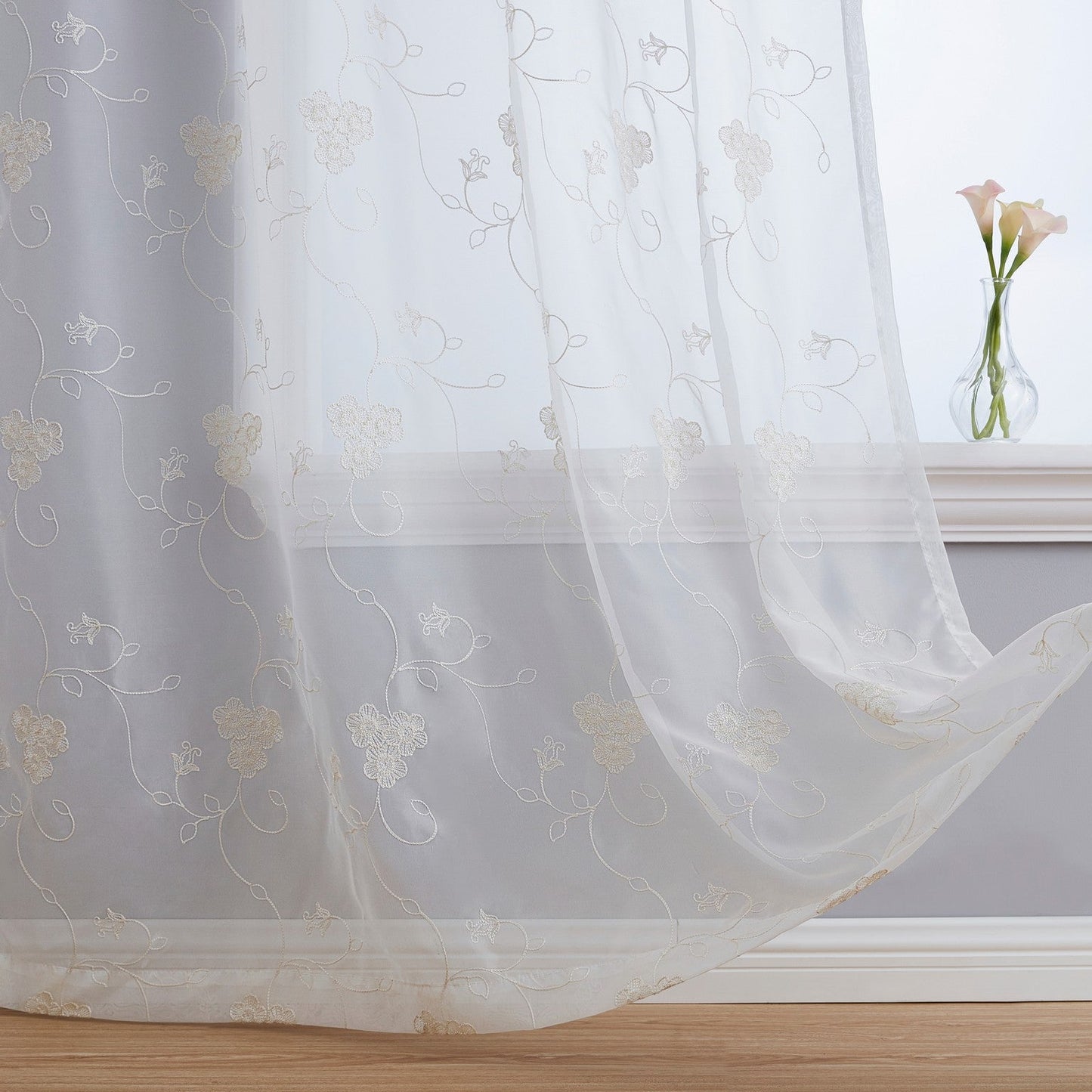 Allegra Floral Embroidered Rod Pocket Sheer Curtain Panels