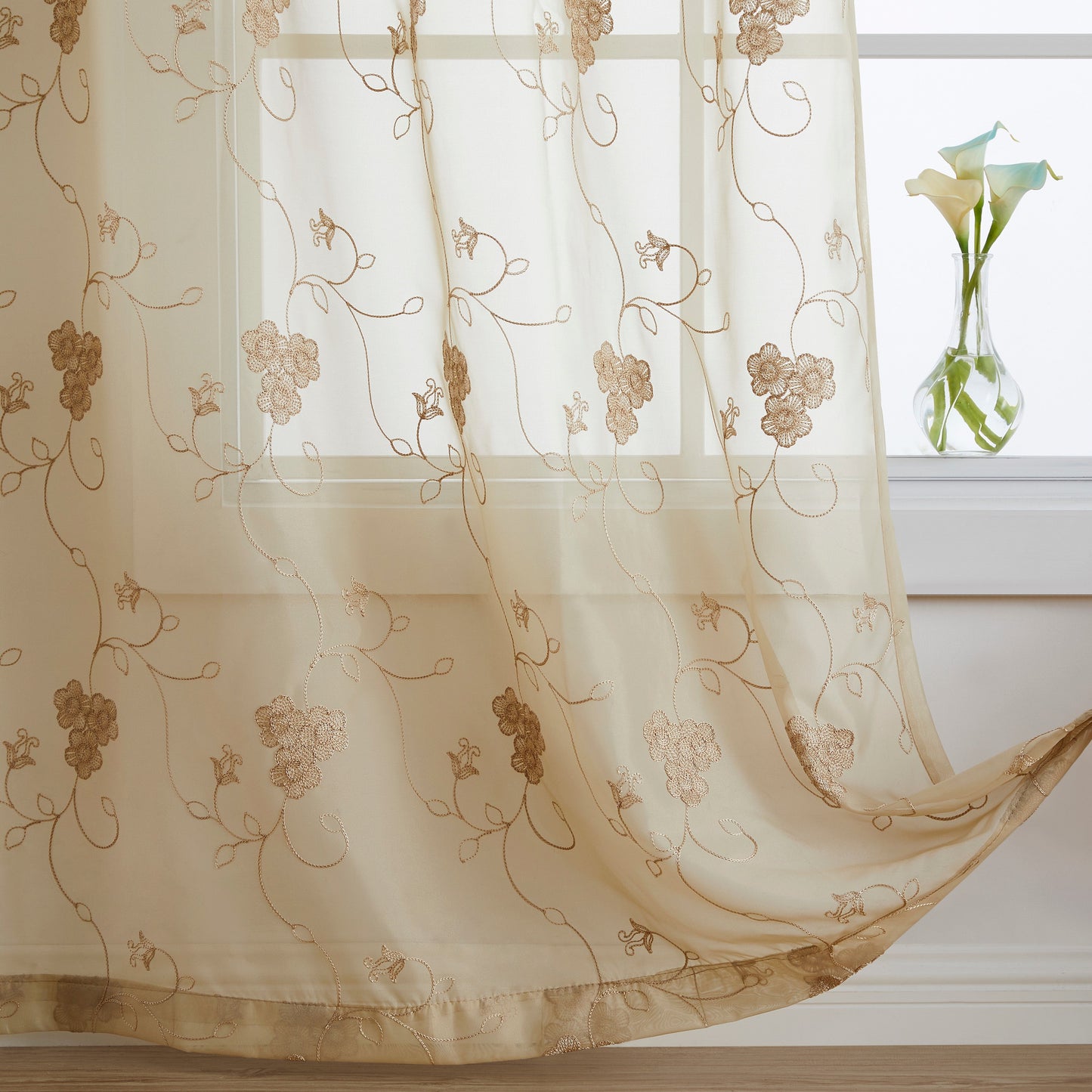 Allegra Floral Embroidered Rod Pocket Sheer Curtain Panels
