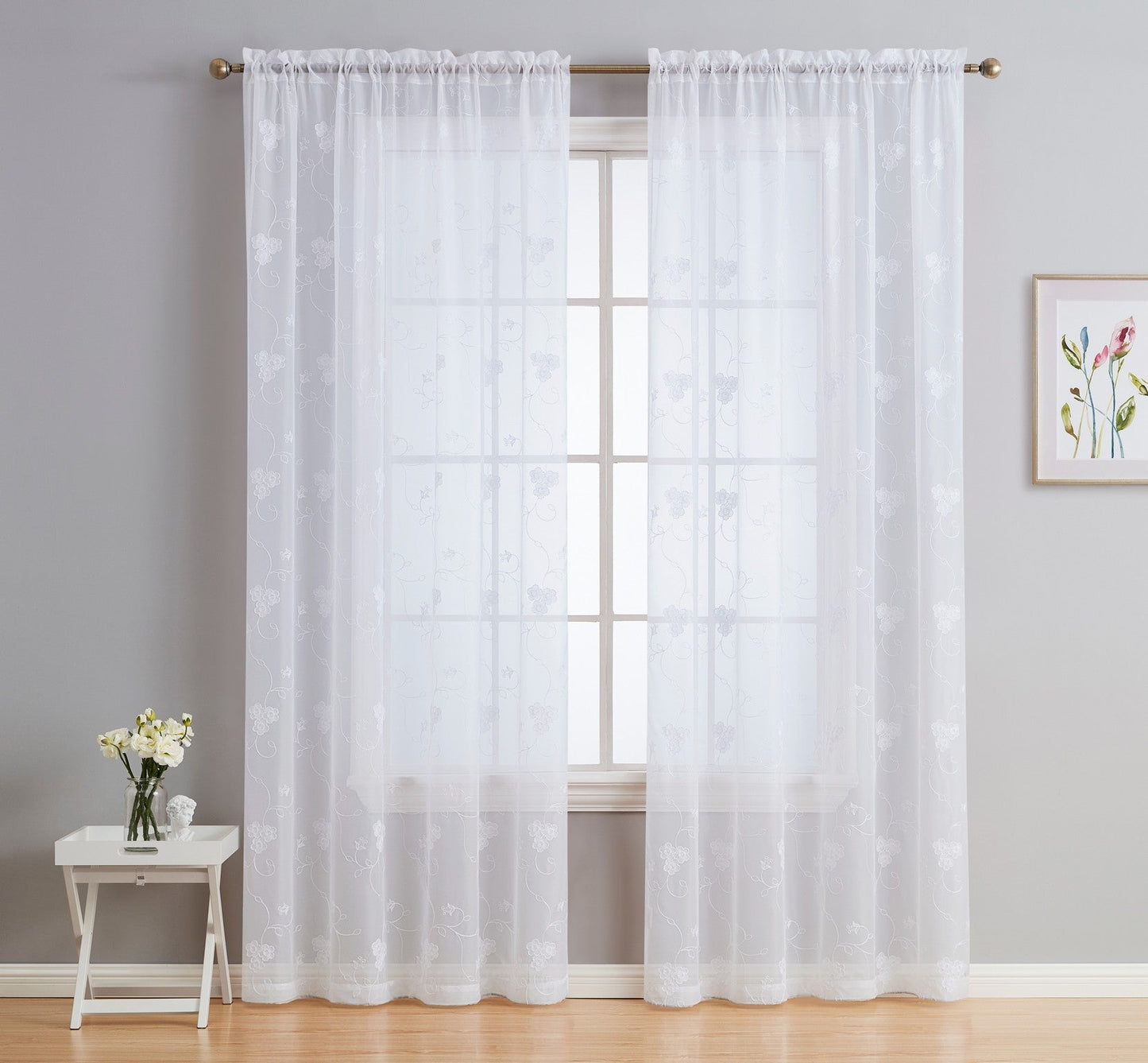 Allegra Floral Embroidered Rod Pocket Sheer Curtain Panels