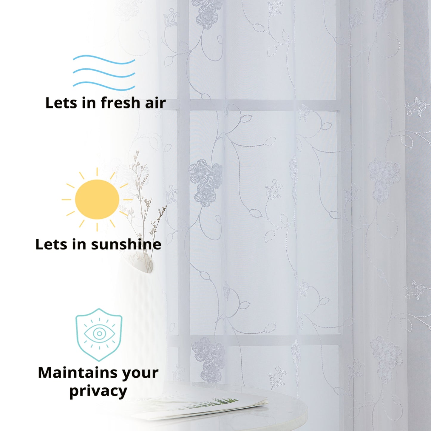 Allegra Floral Embroidered Rod Pocket Sheer Curtain Panels