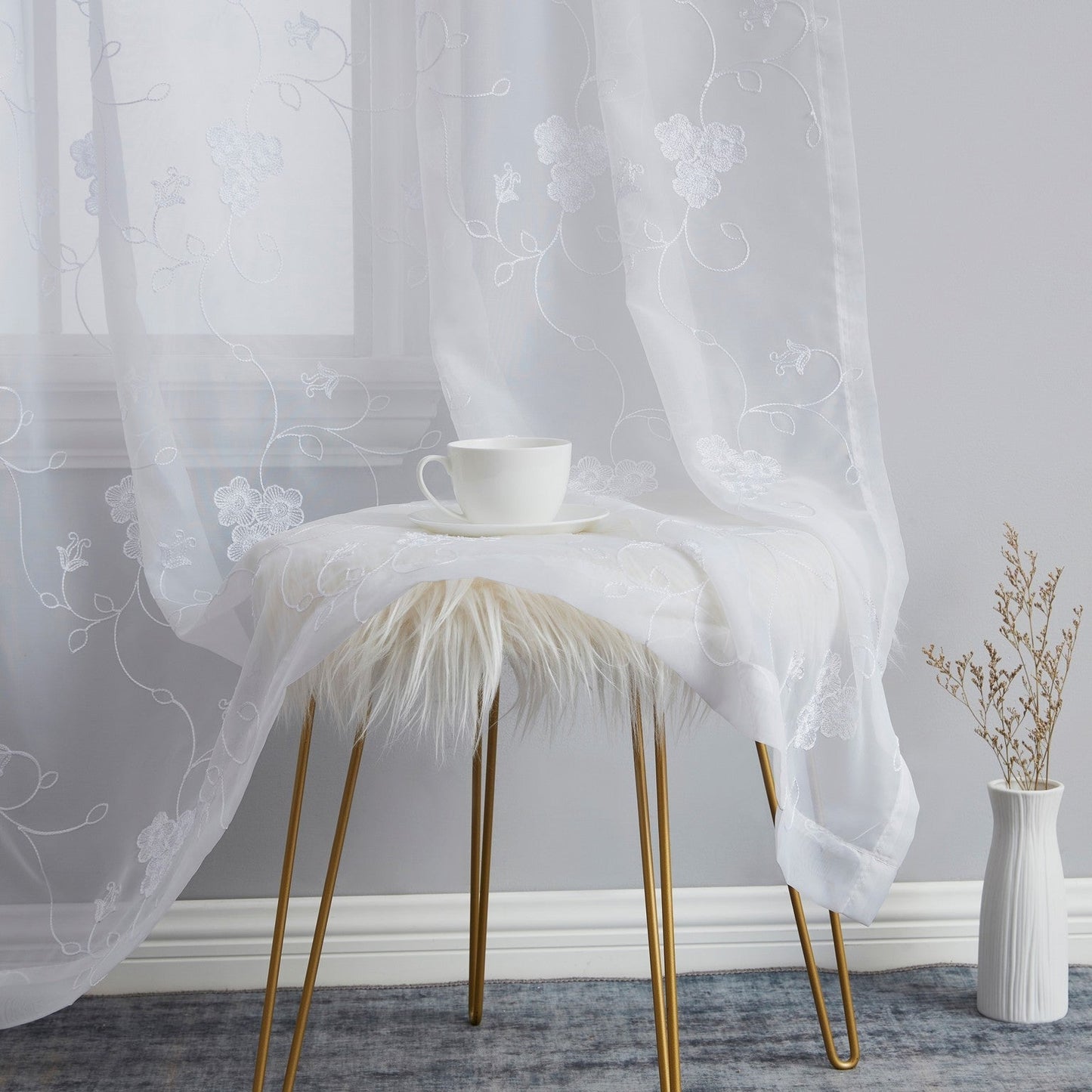 Allegra Floral Embroidered Rod Pocket Sheer Curtain Panels