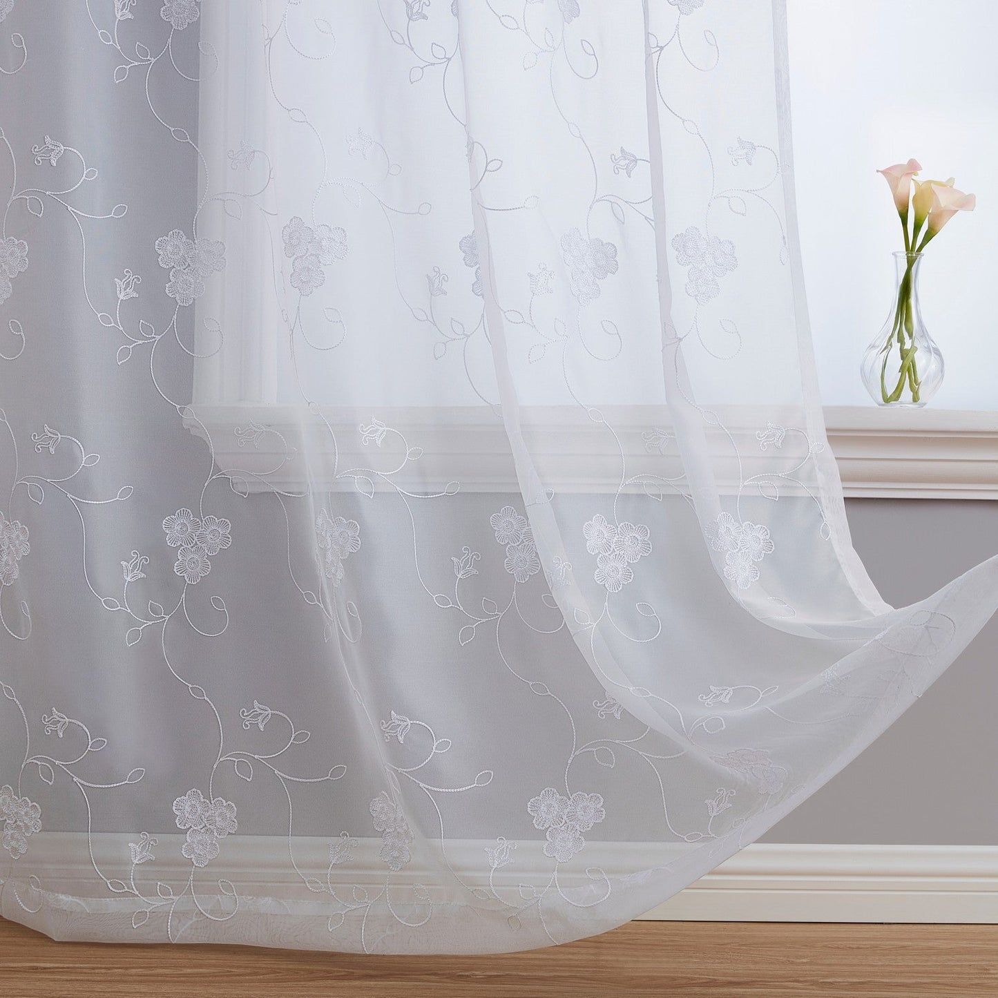 Allegra Floral Embroidered Rod Pocket Sheer Curtain Panels