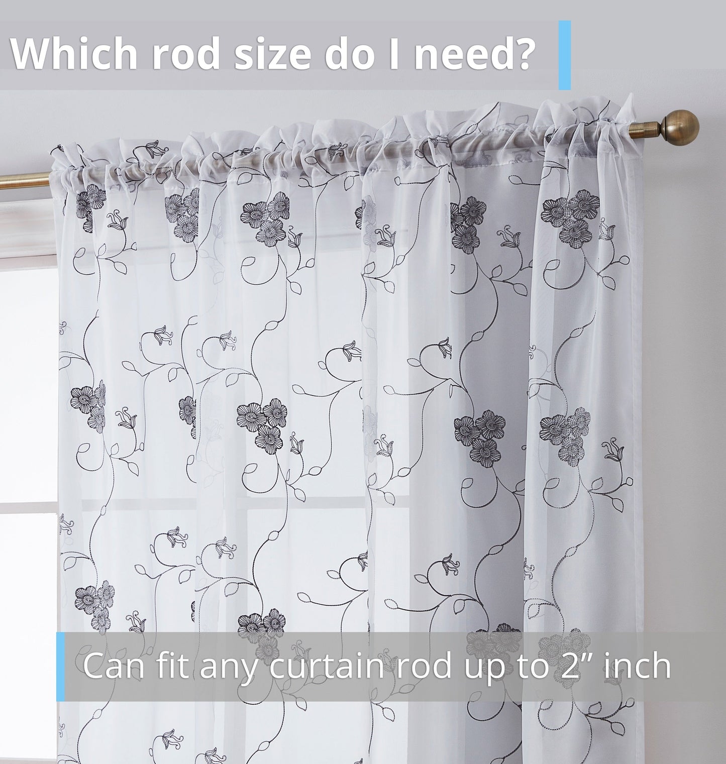 Allegra Floral Embroidered Rod Pocket Sheer Curtain Panels