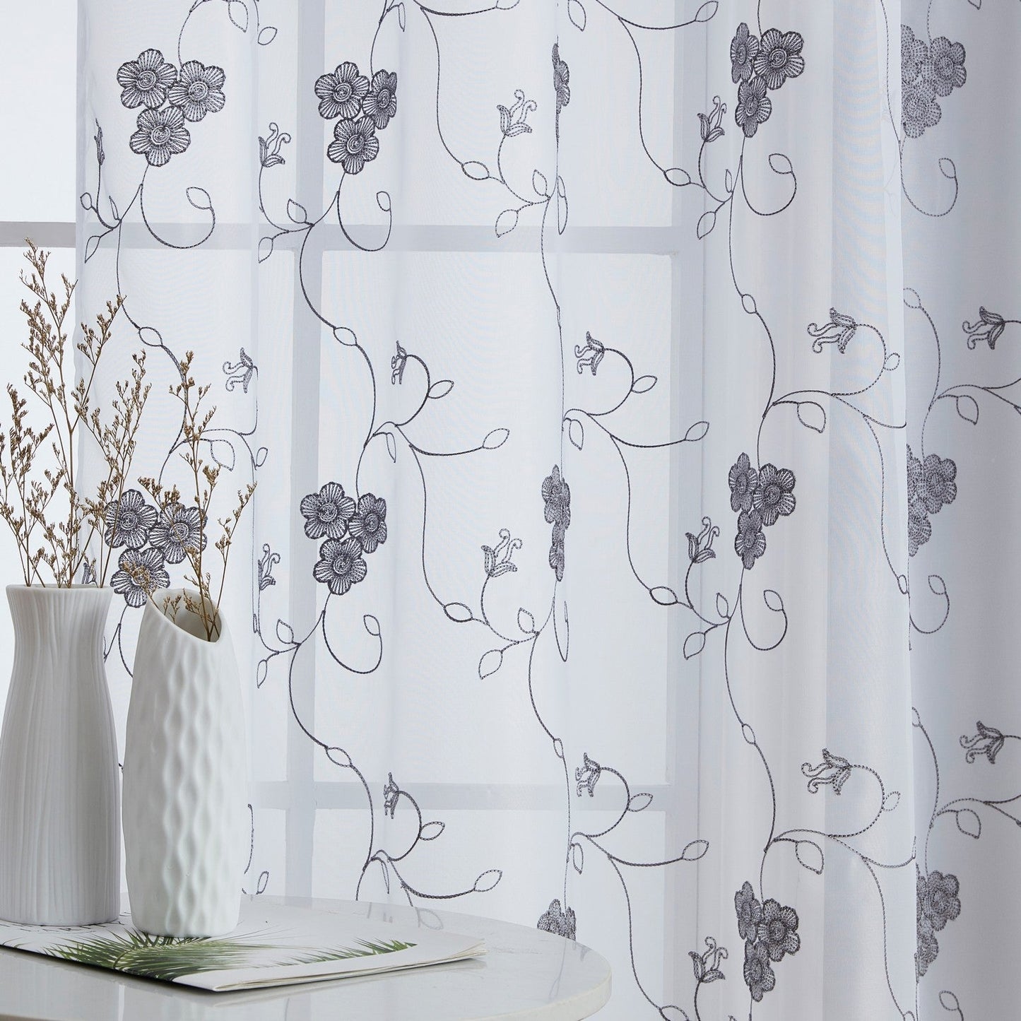 Allegra Floral Embroidered Rod Pocket Sheer Curtain Panels