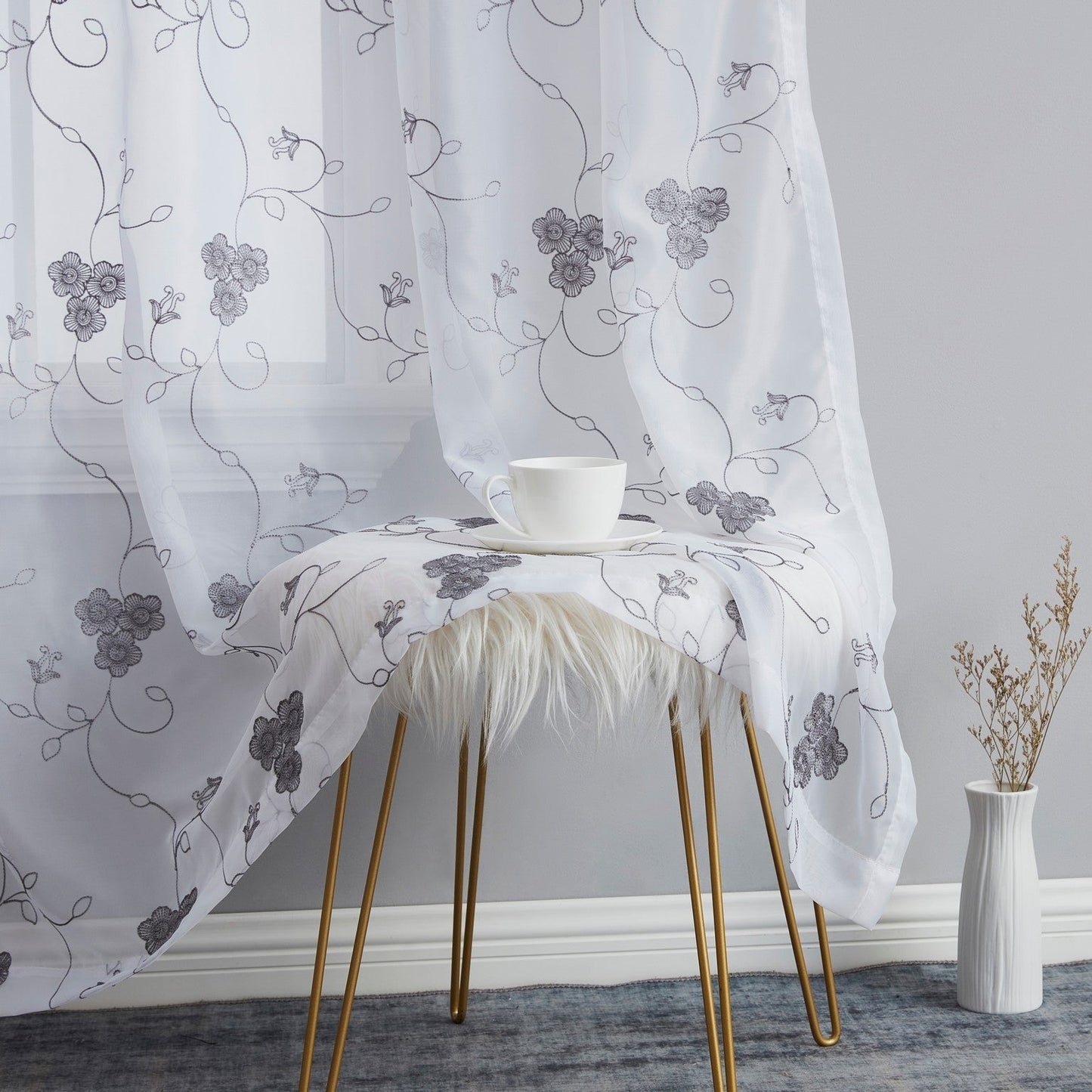 Allegra Floral Embroidered Rod Pocket Sheer Curtain Panels