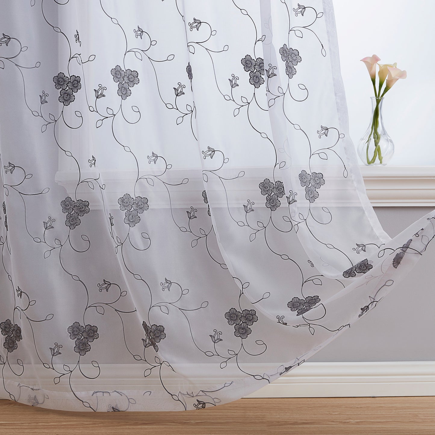 Allegra Floral Embroidered Rod Pocket Sheer Curtain Panels
