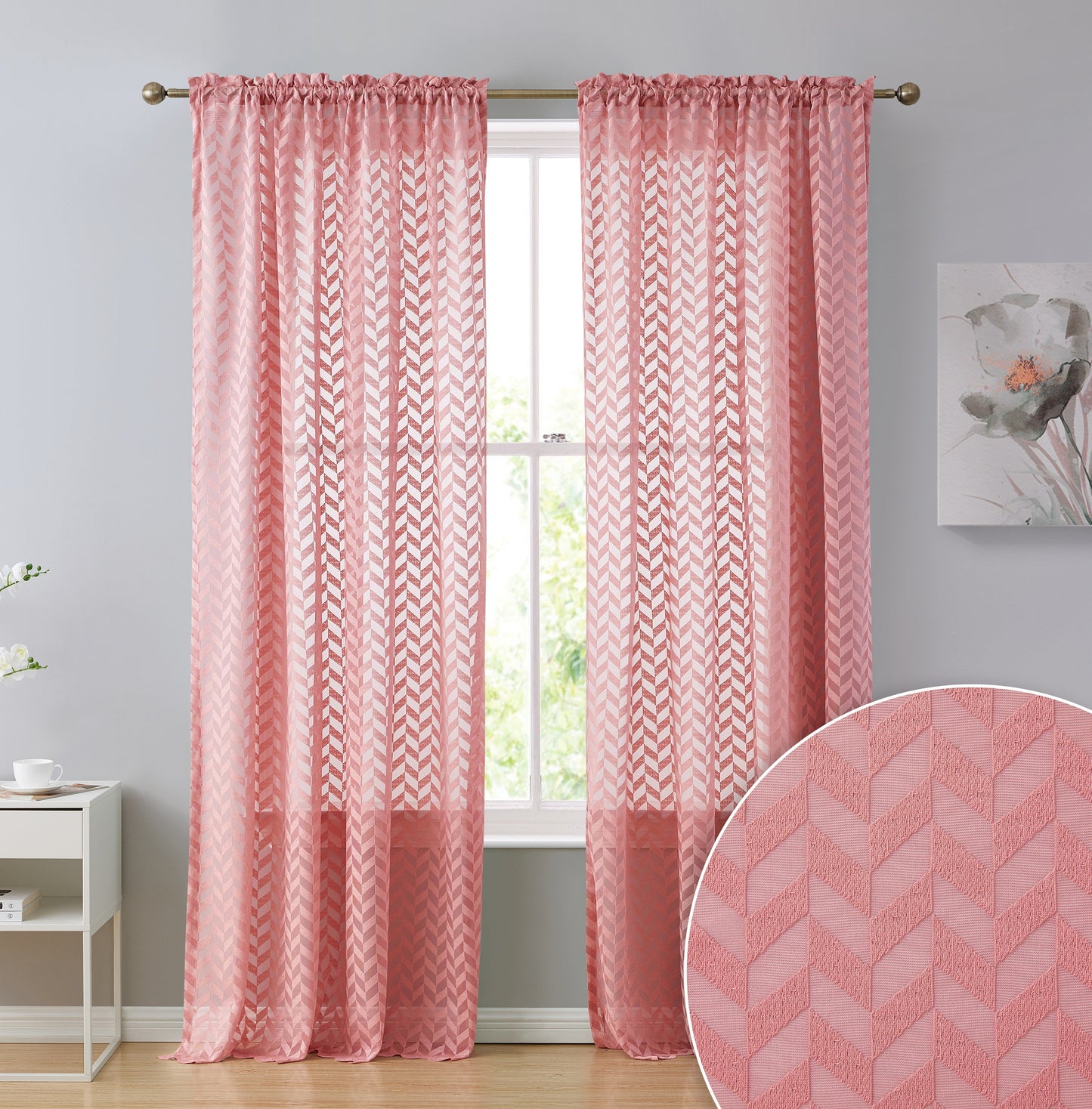 Herringbone Lace Sheer Rod Pocket Curtain Panels