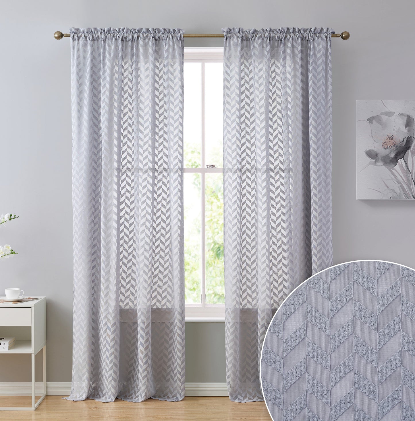 Herringbone Lace Sheer Rod Pocket Curtain Panels