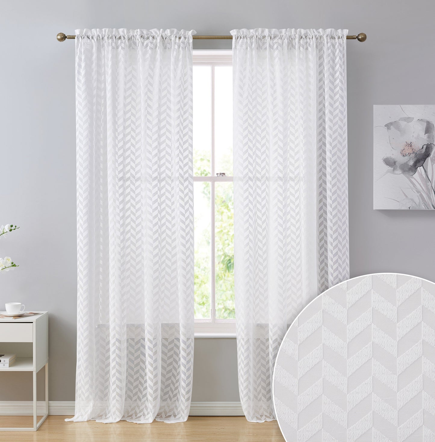 Herringbone Lace Sheer Rod Pocket Curtain Panels