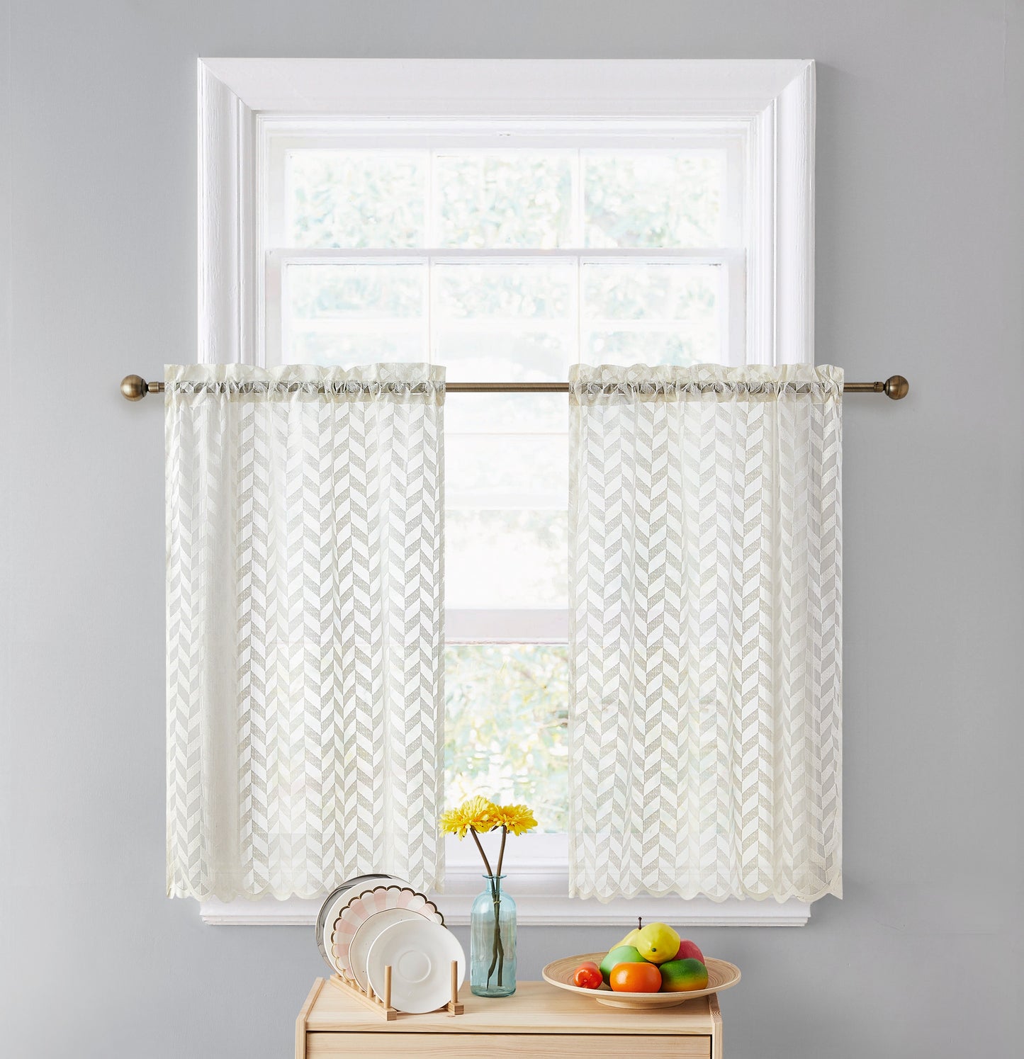 Herringbone Lace Sheer Rod Pocket Cafe Tiers & Swag Curtains
