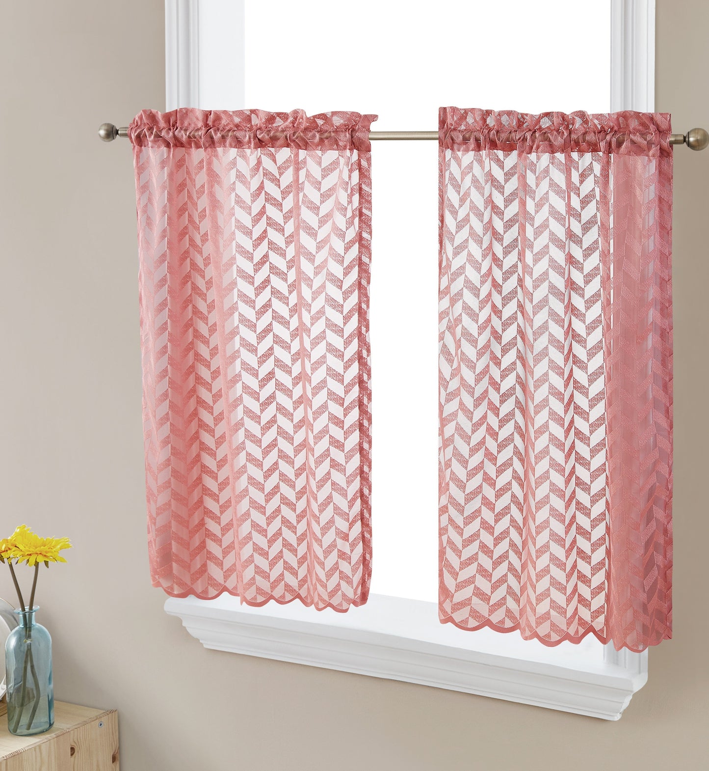 Herringbone Lace Sheer Rod Pocket Cafe Tiers & Swag Curtains