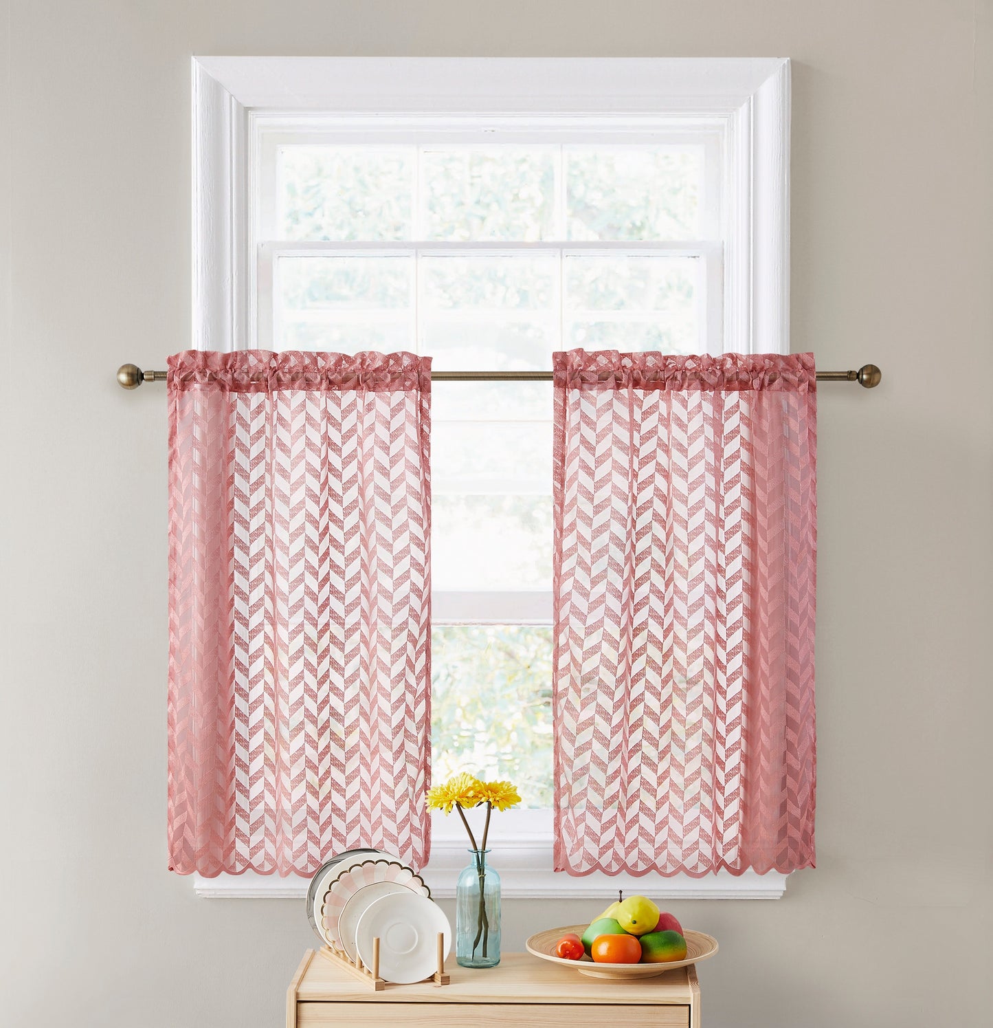 Herringbone Lace Sheer Rod Pocket Cafe Tiers & Swag Curtains