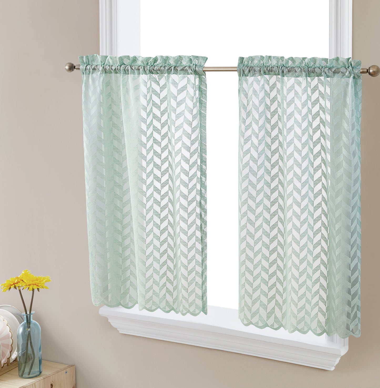 Herringbone Lace Sheer Rod Pocket Cafe Tiers & Swag Curtains