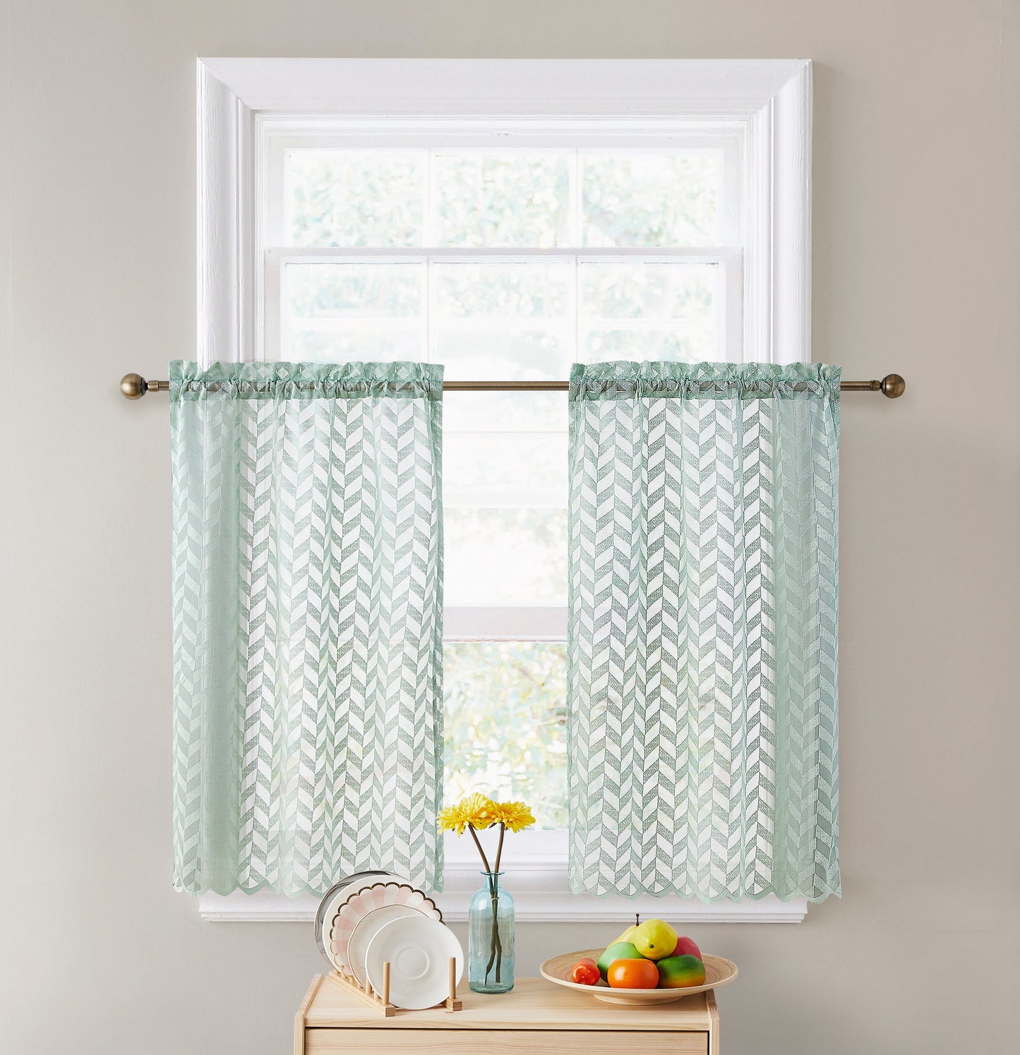 Herringbone Lace Sheer Rod Pocket Cafe Tiers & Swag Curtains