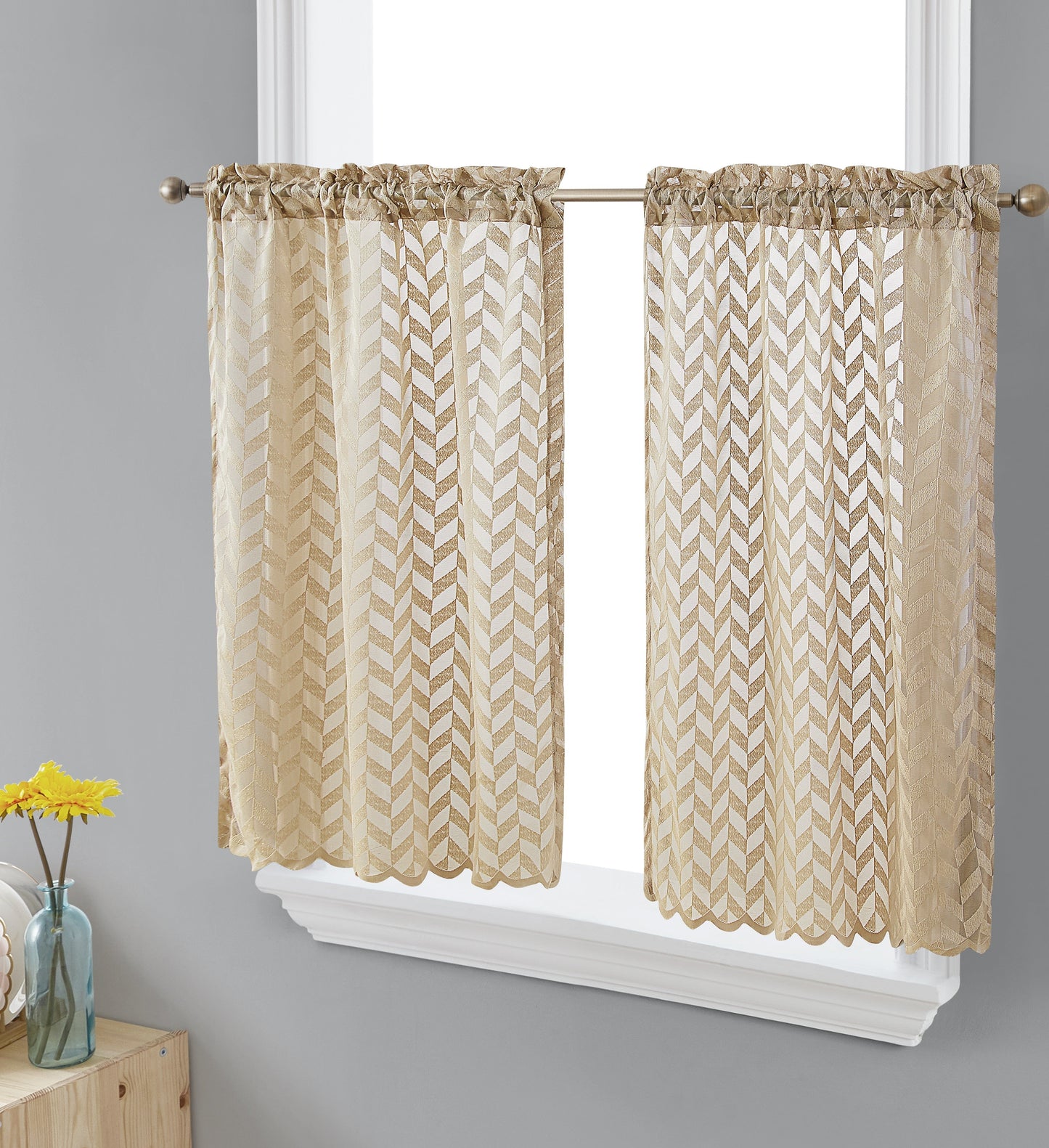 Herringbone Lace Sheer Rod Pocket Cafe Tiers & Swag Curtains