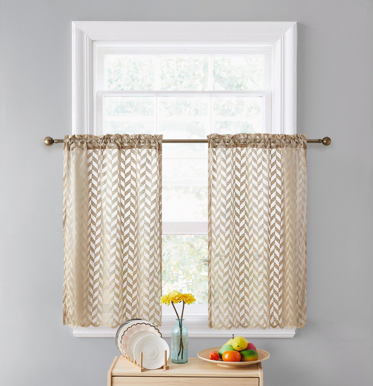Herringbone Lace Sheer Rod Pocket Cafe Tiers & Swag Curtains