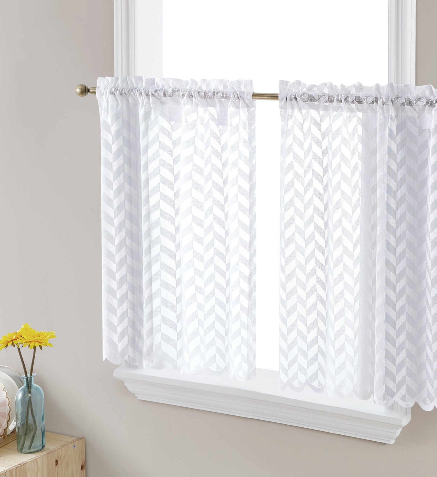 Herringbone Lace Sheer Rod Pocket Cafe Tiers & Swag Curtains