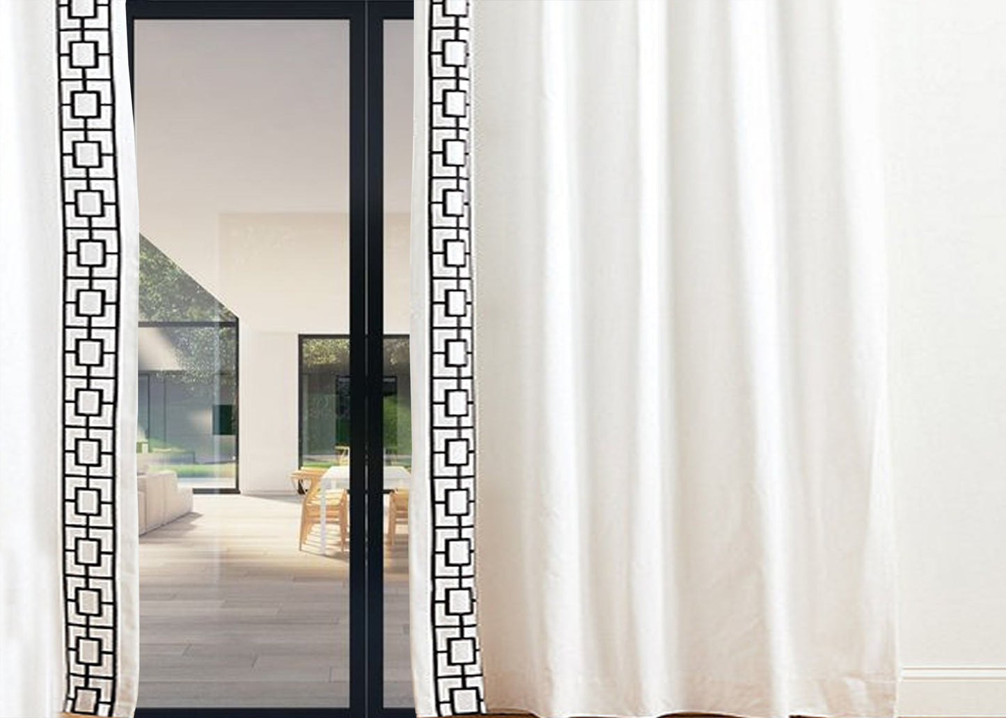 Lattice Embroidery Linen Curtain Drape - Ivory Black Custom Drapes