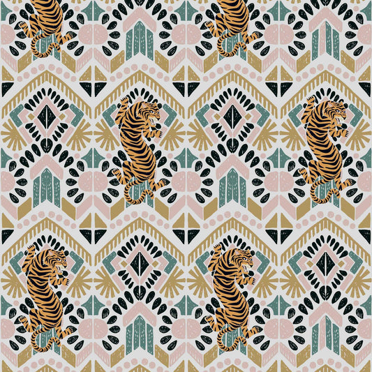 Clawdia Wallpaper in Blush, Mustard and Pine Green