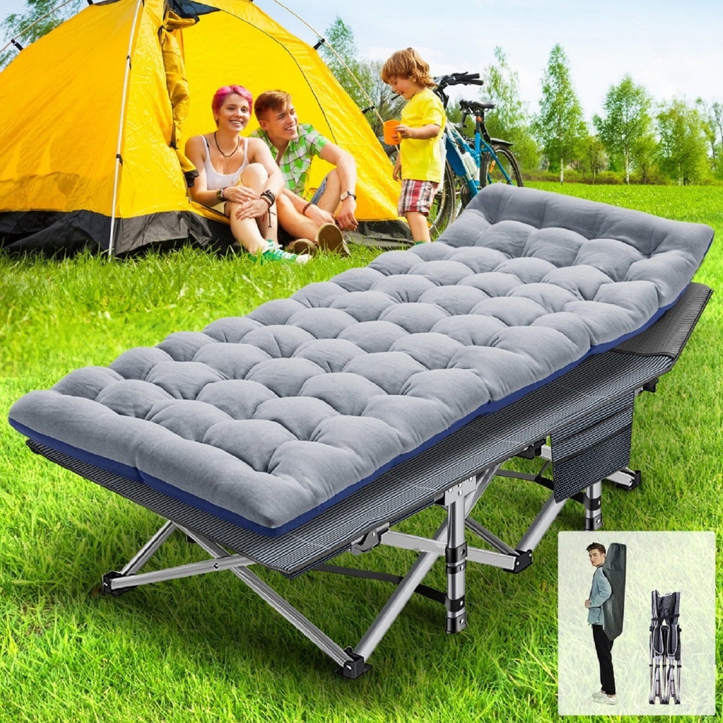Lilypelle Folding Camping Cot Bed for Adult, Double Layer Oxford Strong Heavy Duty Sleeping Cots with Carry Bag, Portable Travel Camp Cots for Home/Office Nap and Beach Vacation