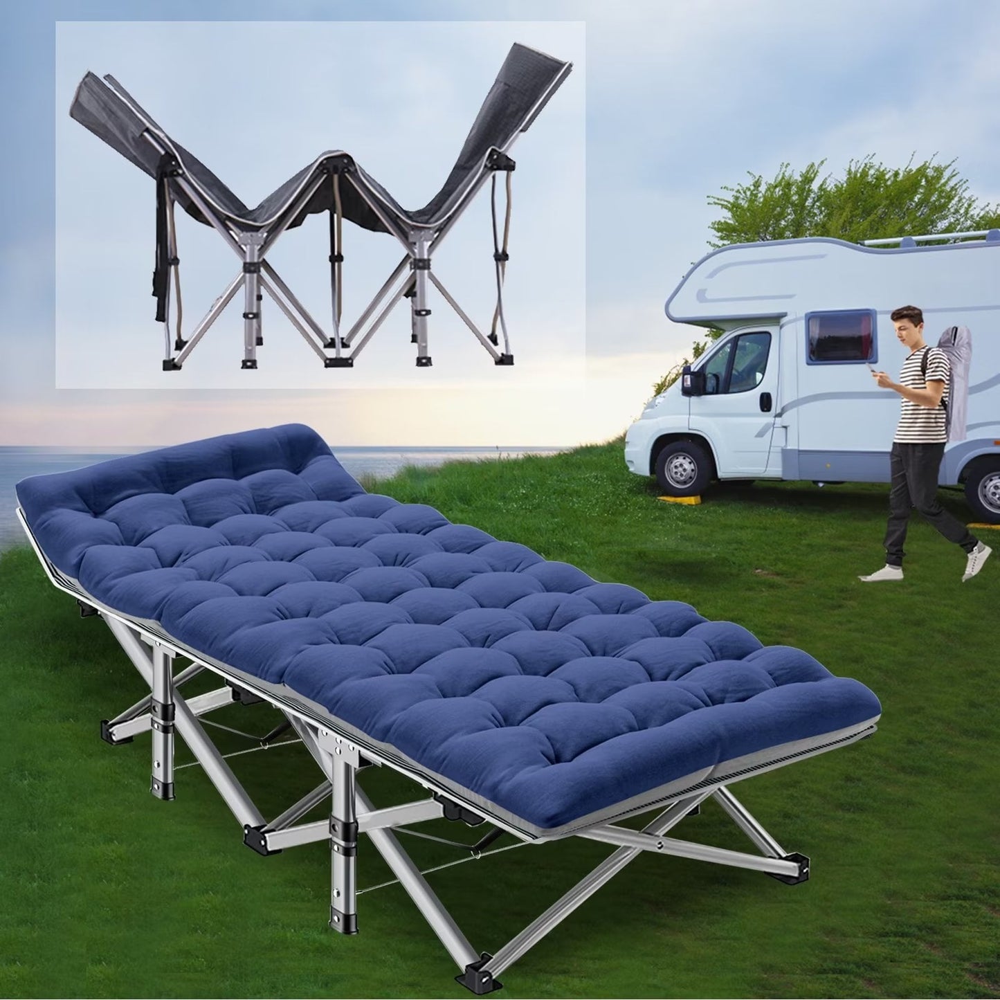 Lilypelle Folding Camping Cot with Thick Mattress, Double Layer Oxford Strong Heavy Duty Sleeping Cots with Carry Bag, Portable Travel Camp Cots for Home/Office Nap and Beach Vacation