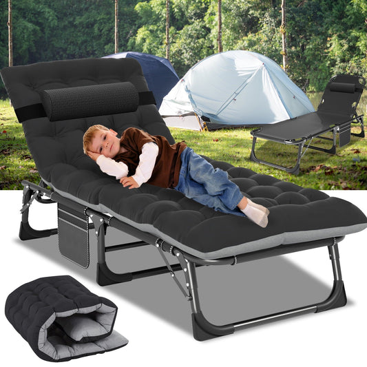 Lilypelle Portable Folding Camping Cot Bed, Adjustable 4-Position Adults Reclining Folding Chaise with Pillow, Outdoor Portable Folding Lounge Chair Sleeping Cots for Camping, Pool, Beach, Patio