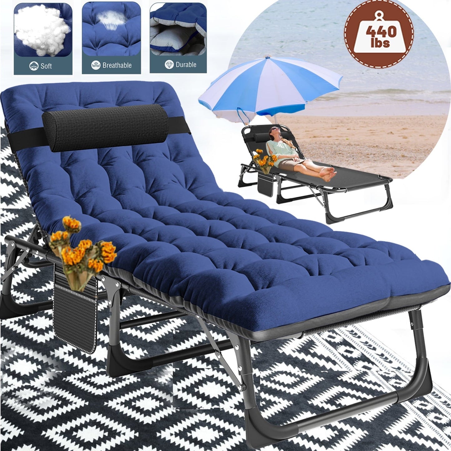 Lilypelle folding cot with mattress,Heavy Duty Sleeping Cots with Carry Bag,Double Layer Oxford Portable Folding Camping Cot for Home ,Office Nap and Outdoor Beach£¬Navy Blue