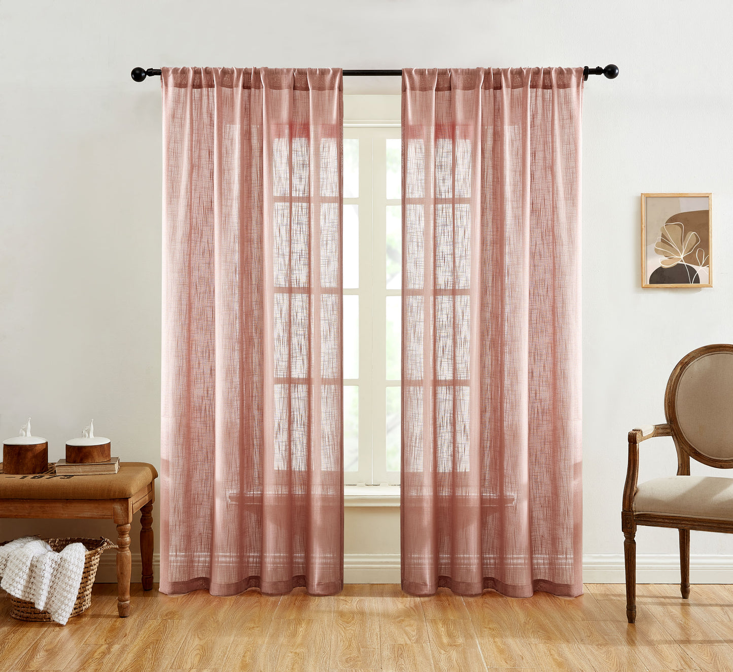 Linda Faux Linen Textured Sheer Rod Pocket Curtain Panels