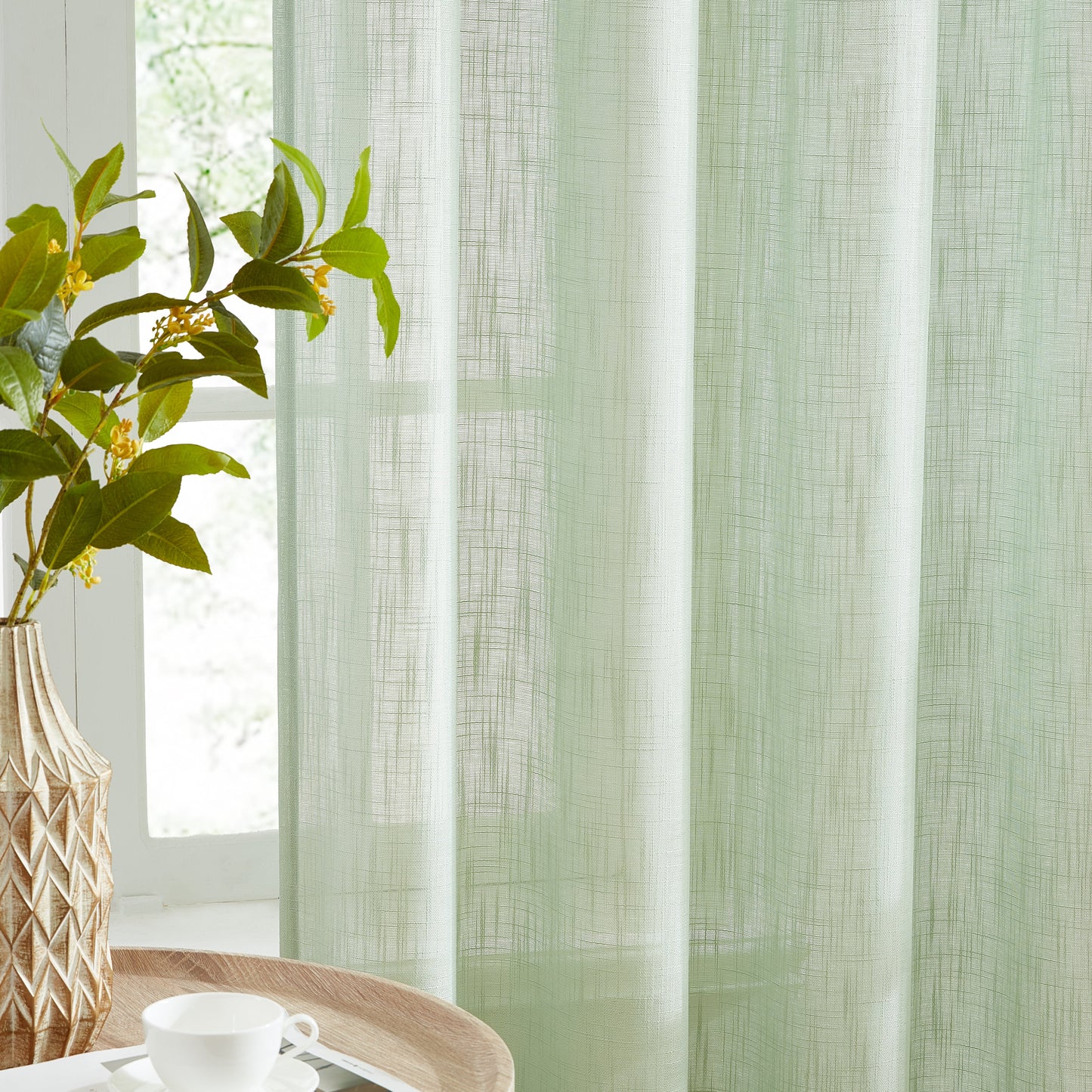 Linda Faux Linen Textured Sheer Rod Pocket Curtain Panels