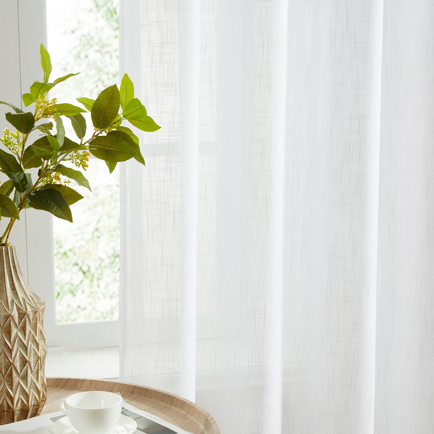 Linda Faux Linen Textured Sheer Rod Pocket Curtain Panels