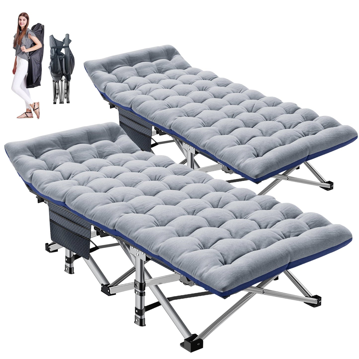 MOPHOTO 75'' Folding Camping Cot, Folding Cot for Adults Portable Heavy Duty Sleeping Cots, with Gray Mattress & Carrying Bag, 2pk