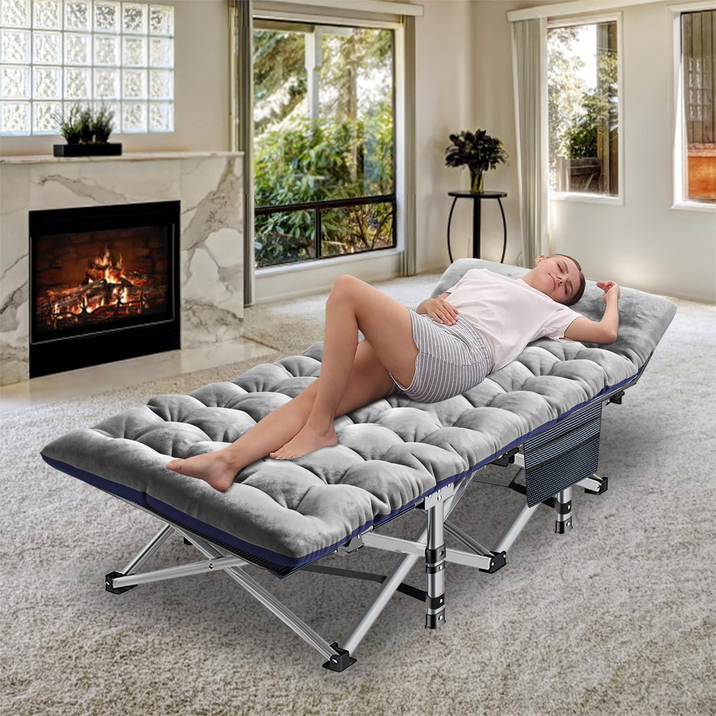 MOPHOTO 75'' Portable Folding Bed with Carry Bag & Pearl Mattress, Camping Cot for Adults, Heavy Duty Collapsible Sleeping Bed for Indoor & Outdoor Use