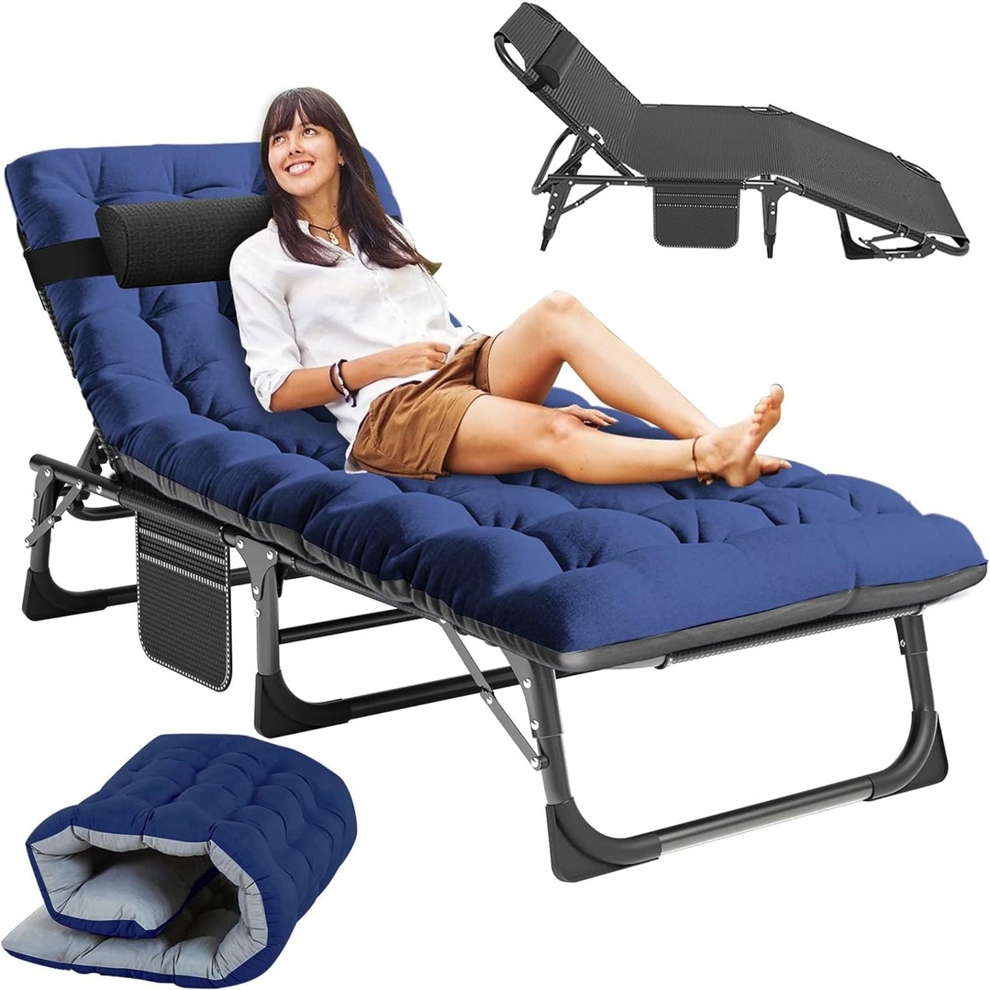 MOPHOTO Adjustable Camping Cot for Adults, 75' Portable Folding Bed Rollaway Guest Bed with Mattress, Double Layer Oxford Strong Sleeping Cots, 5-Position Folding Lounge Chair Support 400bls