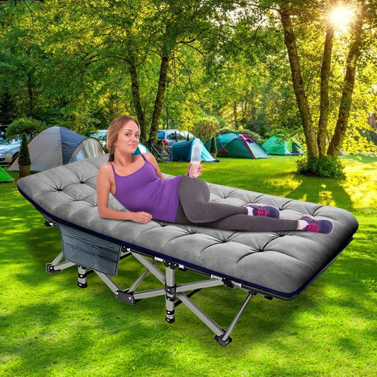 MOPHOTO Adult Camping Cot , Fold up Bed, Military Style Cot for Hiking Travel, Gray Corduroy Pad&Carrying Bag,Christmas gifts