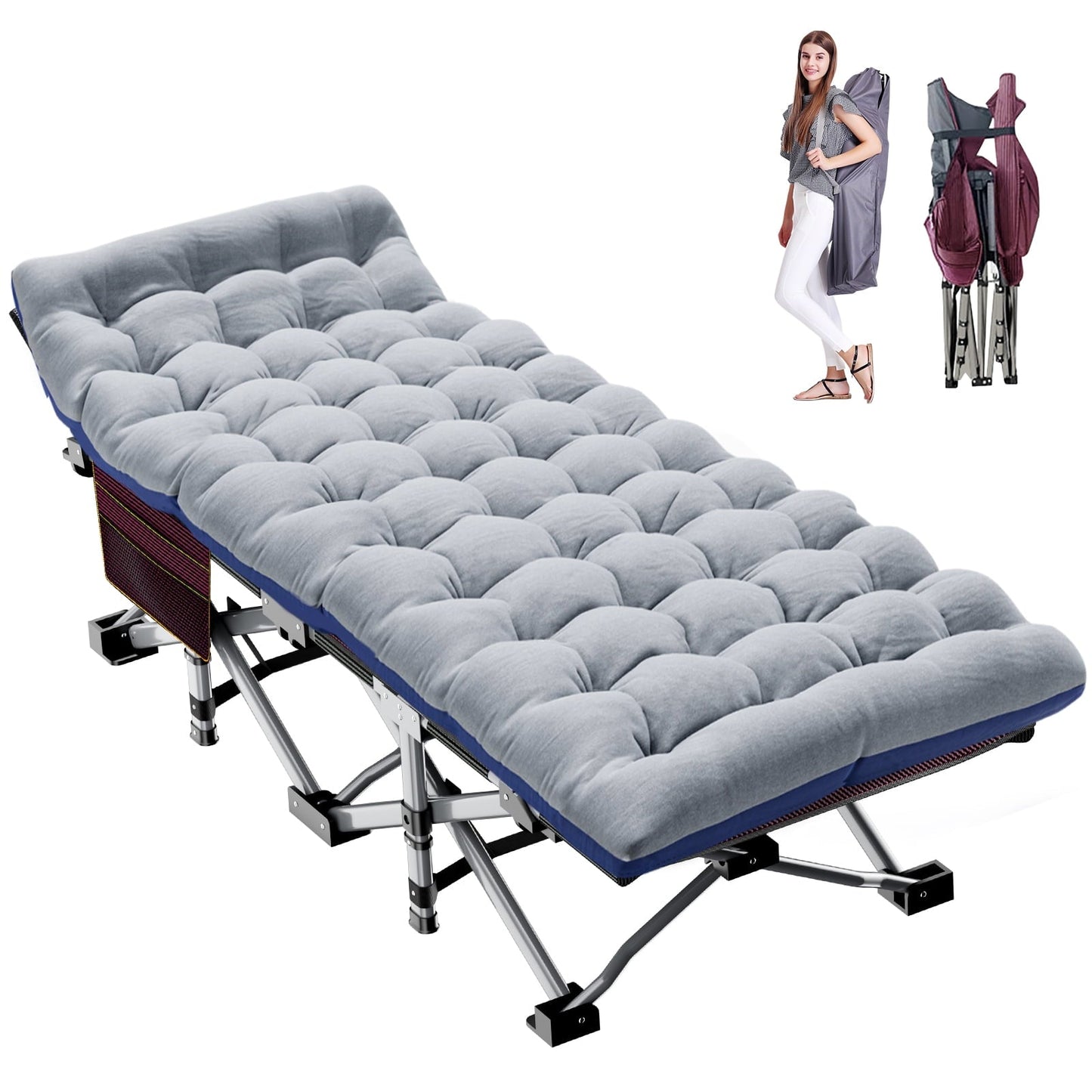 MOPHOTO Camping Cot, Portable Folding Bed for Adults, Heavy Duty Outdoor Sleeping Cot Bed with Gray Pad&Carrying Bag
