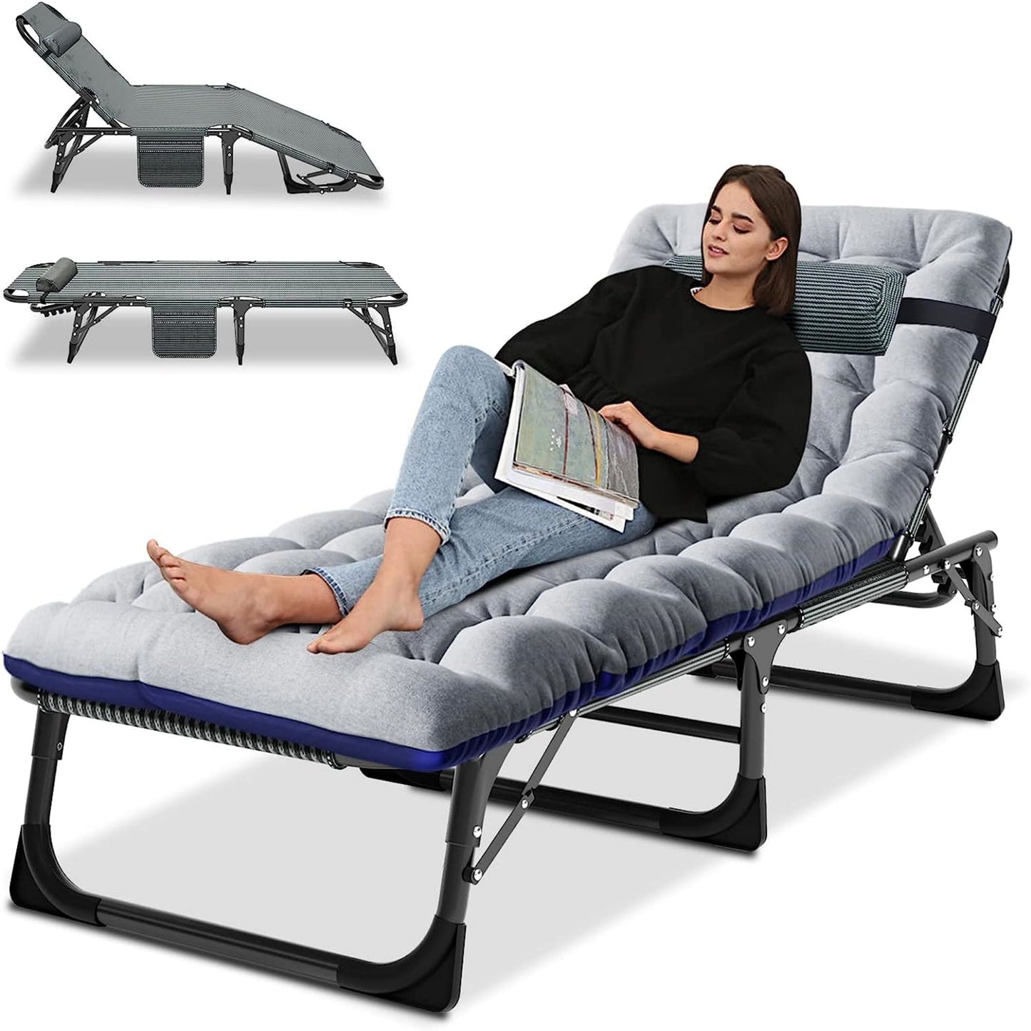 MOPHOTO Camping Cot With Mattress, Heavy Duty Sleeping Cot with Pillow, Cot Beds for Adult, 4-Position Adjustment Folding Bed, Outdoor Beds Lounger for Home, Pool, Beach, Patio