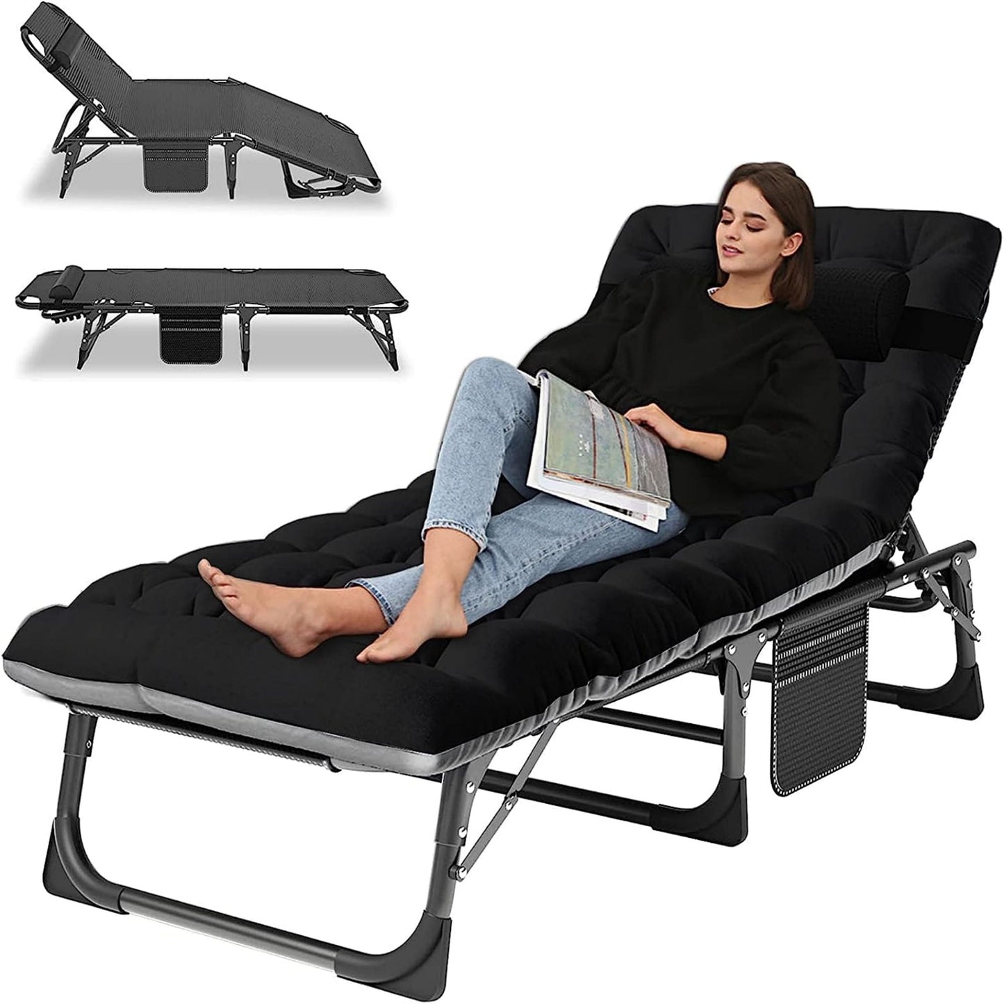 MOPHOTO Camping Cot With Mattress, Heavy Duty Sleeping Cot with Pillow, Cot Beds for Adult, 4-Position Adjustment Folding Bed, Outdoor Beds Lounger for Home, Pool, Beach, Patio