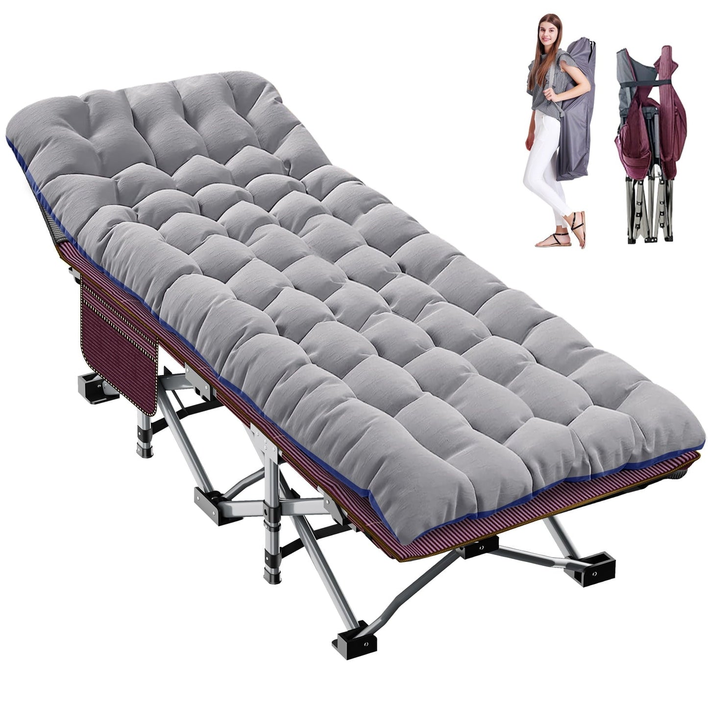 MOPHOTO Camping Folding Cot, 75' Portable Folding Bed for Adults, Rollaway Bed Sleeping Cot with Pearl Mattress, Heavy Duty Outdoor Camping Cot