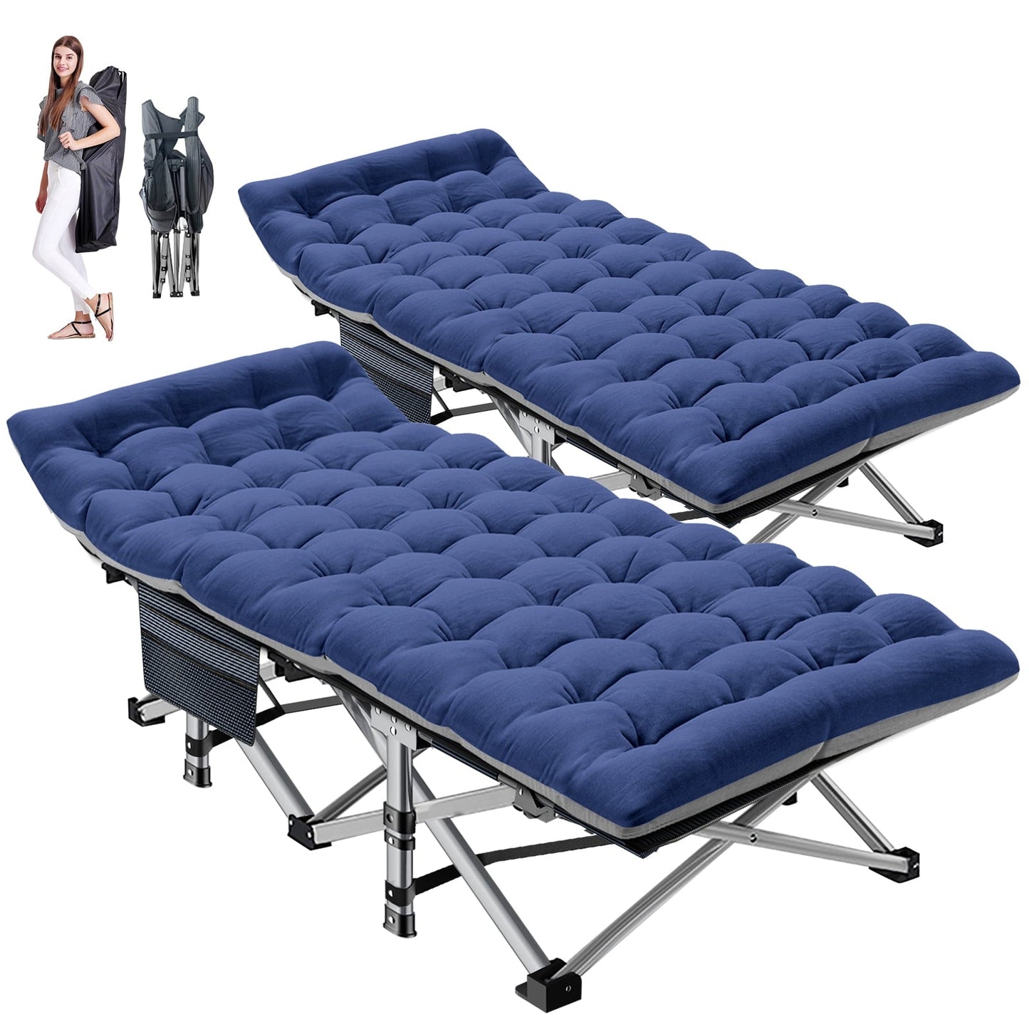 MOPHOTO Folding Camping Cot, Folding Cot for Adults Portable Heavy Duty Sleeping Cots, with Blue Mattress & Carrying Bag, 2pk